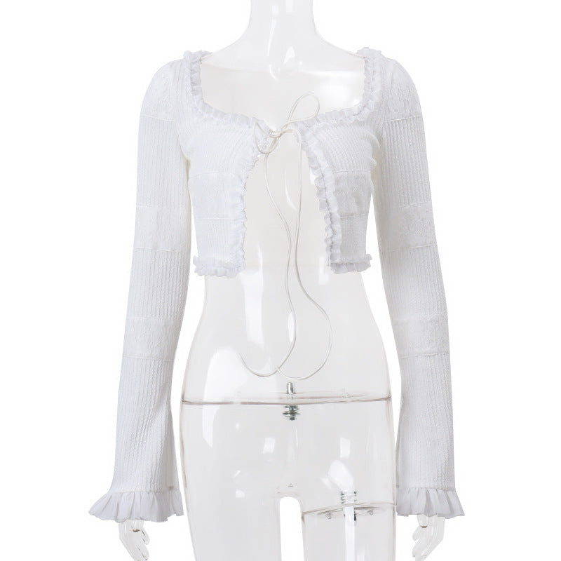 Women Sexy Square Neck Knitting Cardigan Bell Bottom Sleeve Ruffle Top and Shorts Two-piece Set 7