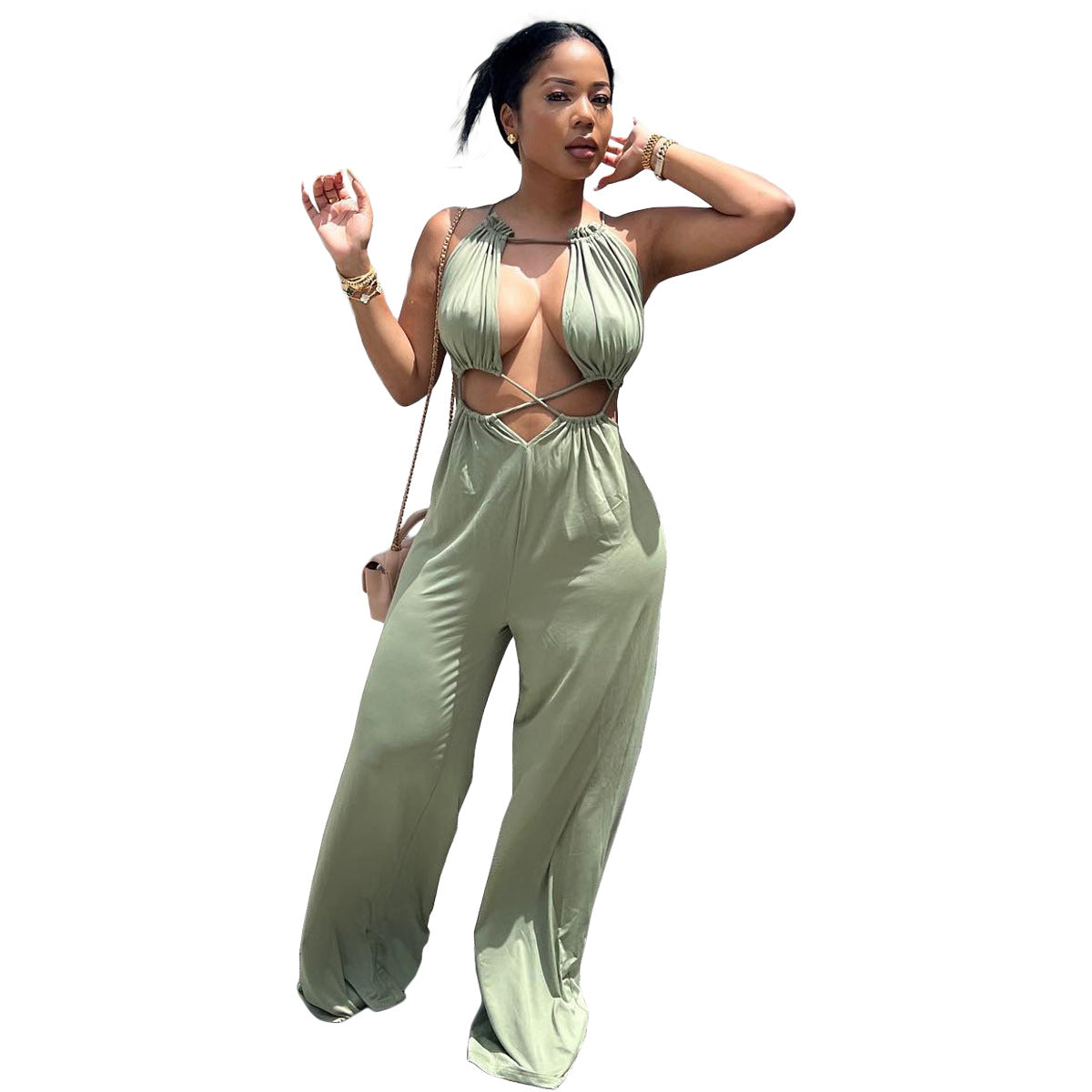 Fashion Sexy Irregular Lace-Up Wrap Chest Loose Wide Leg Jumpsuit 6