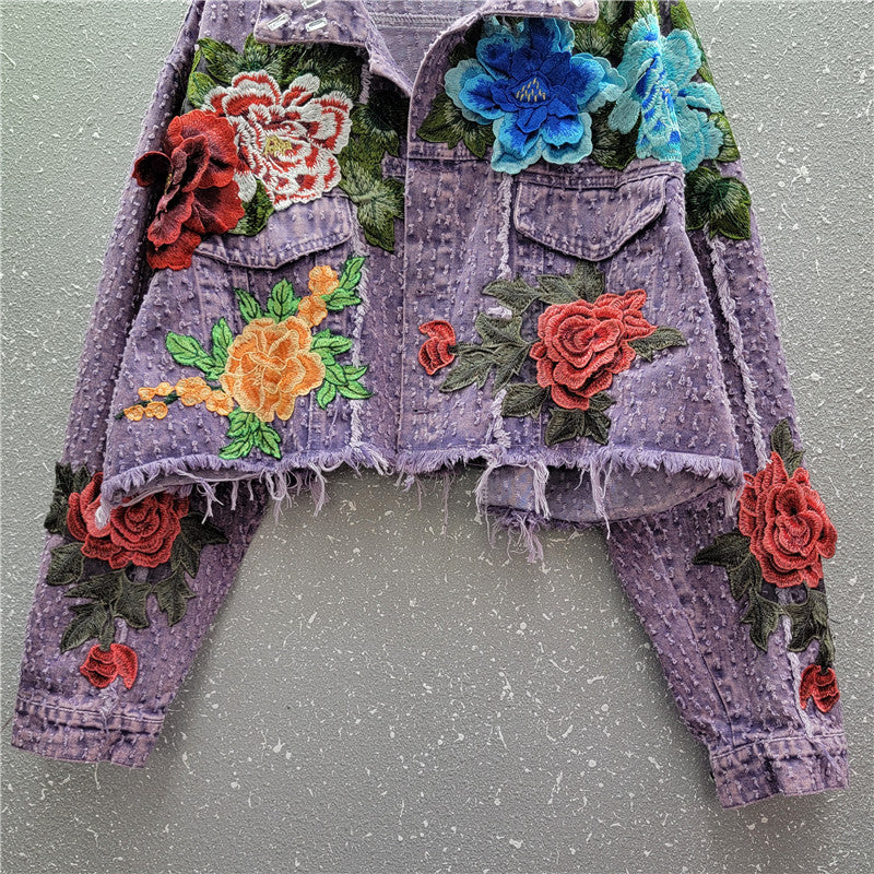 Women Spring Floral Raw Edge Casual Denim Jacket 4