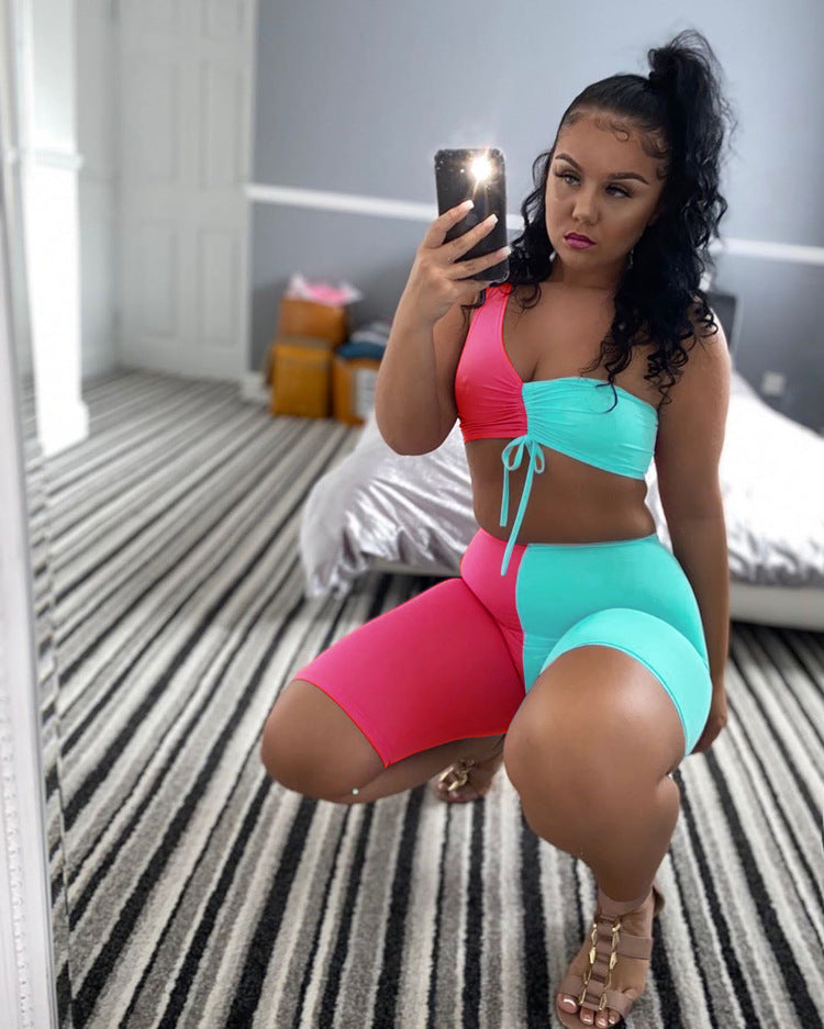 Contrast Color One Shoulder Two Piece Shorts Set 12