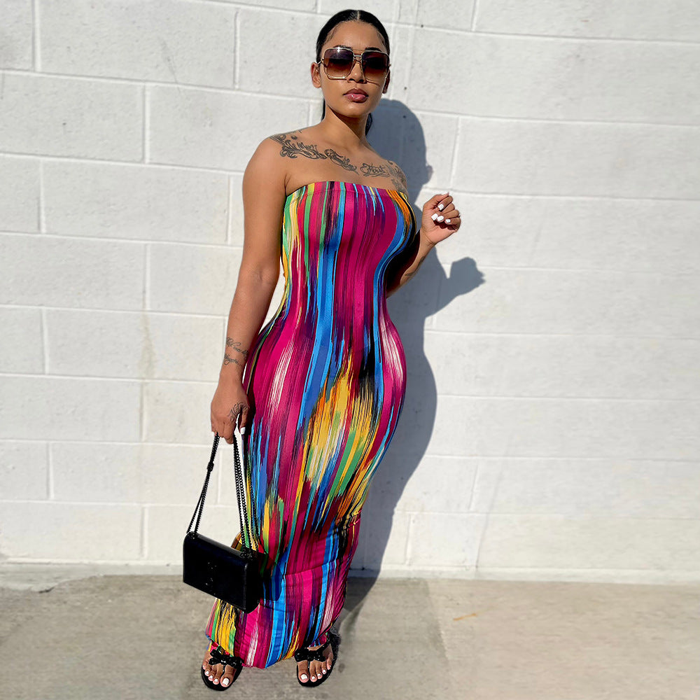 Women Summer Sexy Off Shoulder Strapless Striped Printed Slit Dress 7