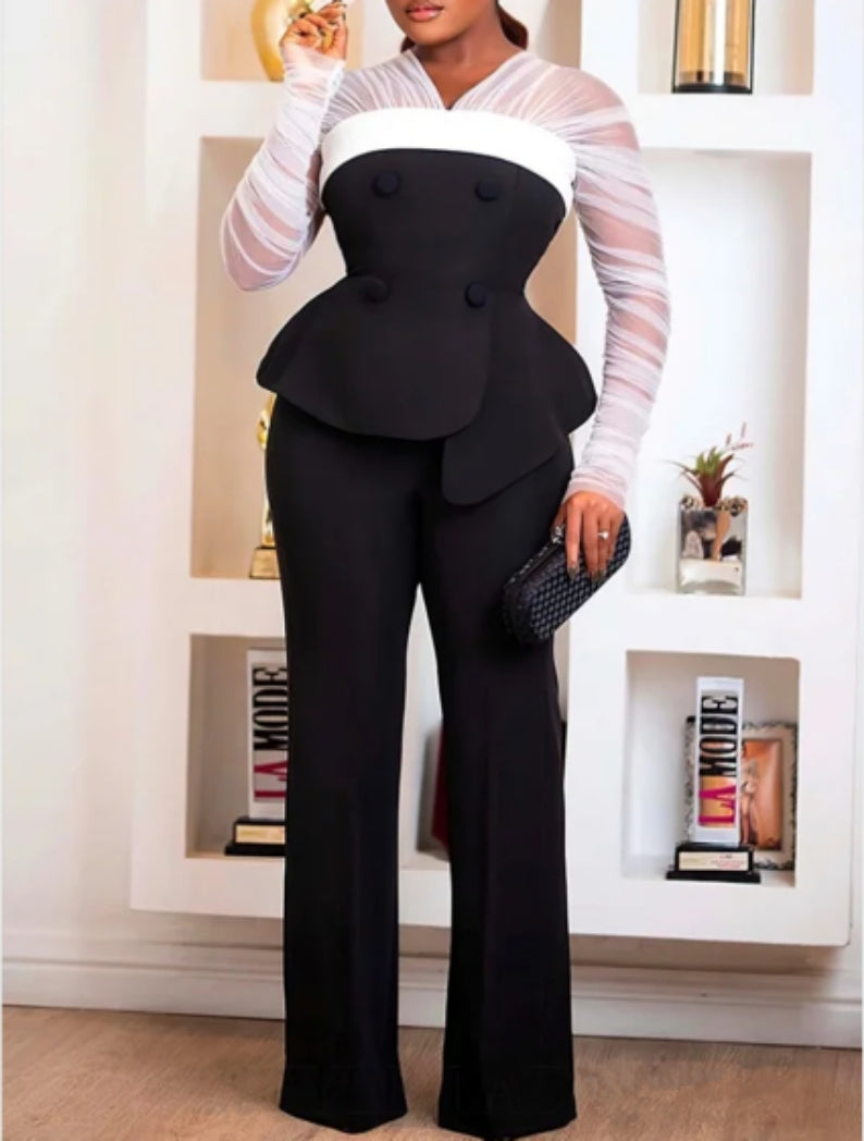 Women's See-Through Long Sleeve Slim Waist Jacket Casual Wide Leg Pants Fashion Suit