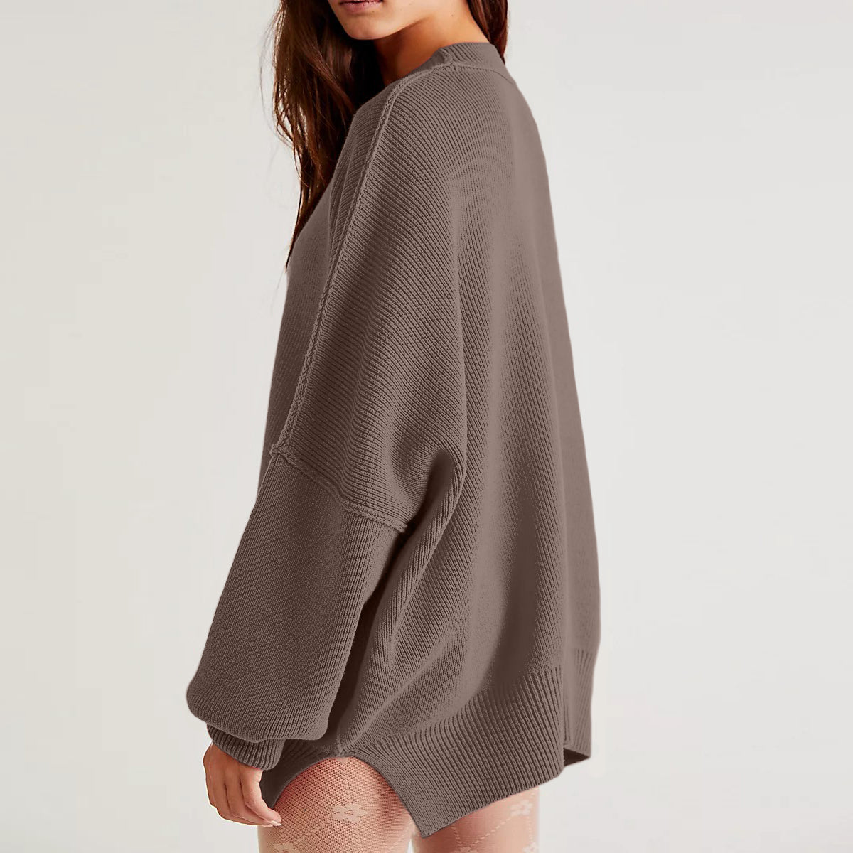 Women Autumn and Winter Loose Knitting Long Sleeve Slit Round Neck Sweater 25