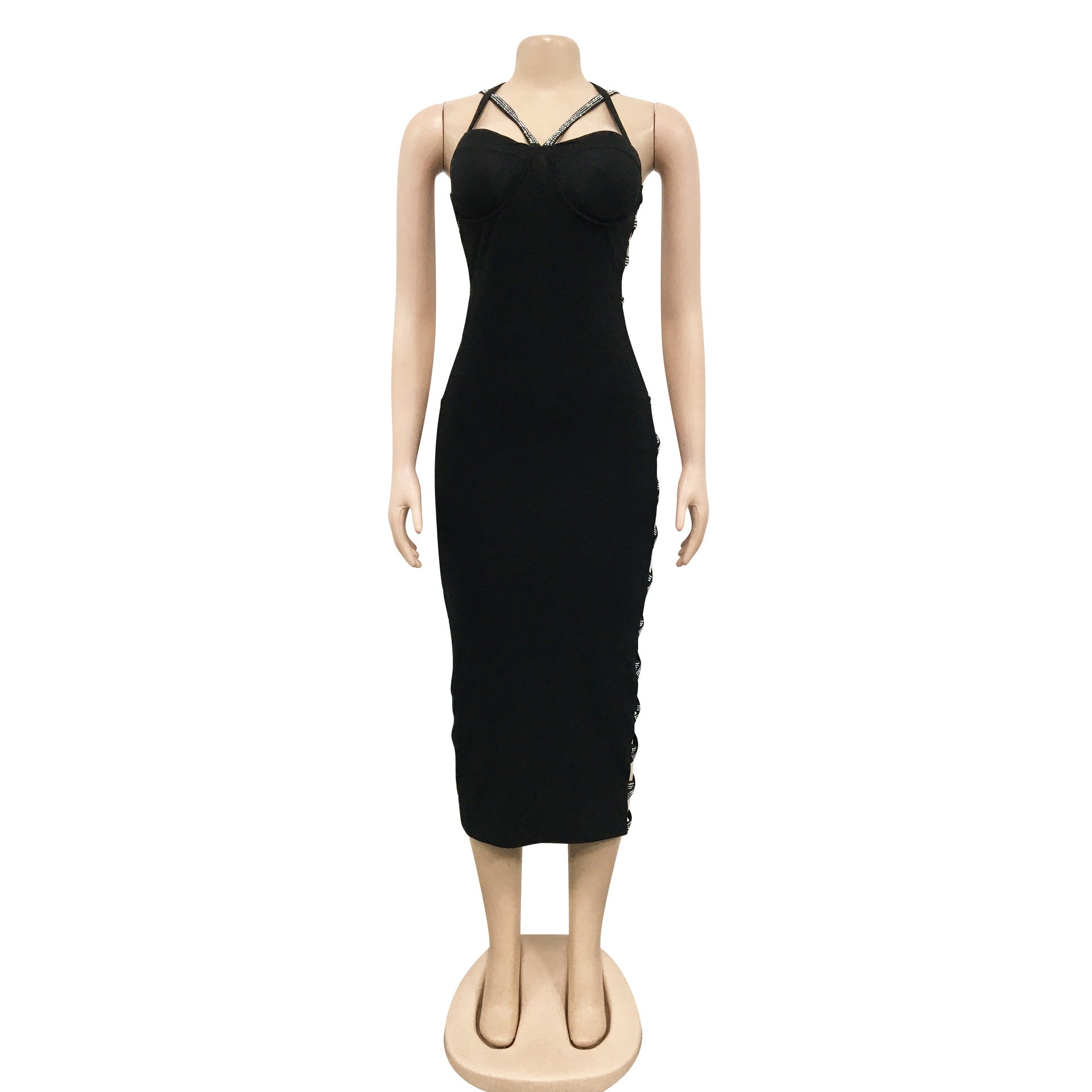 Solid color sexy suspenders hollow zipper long skirt slit dress women 14