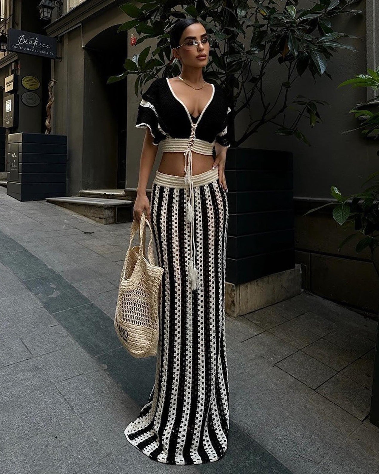 Summer Women sexy V-neck hollow striped knitting Top and Long Skirt 8