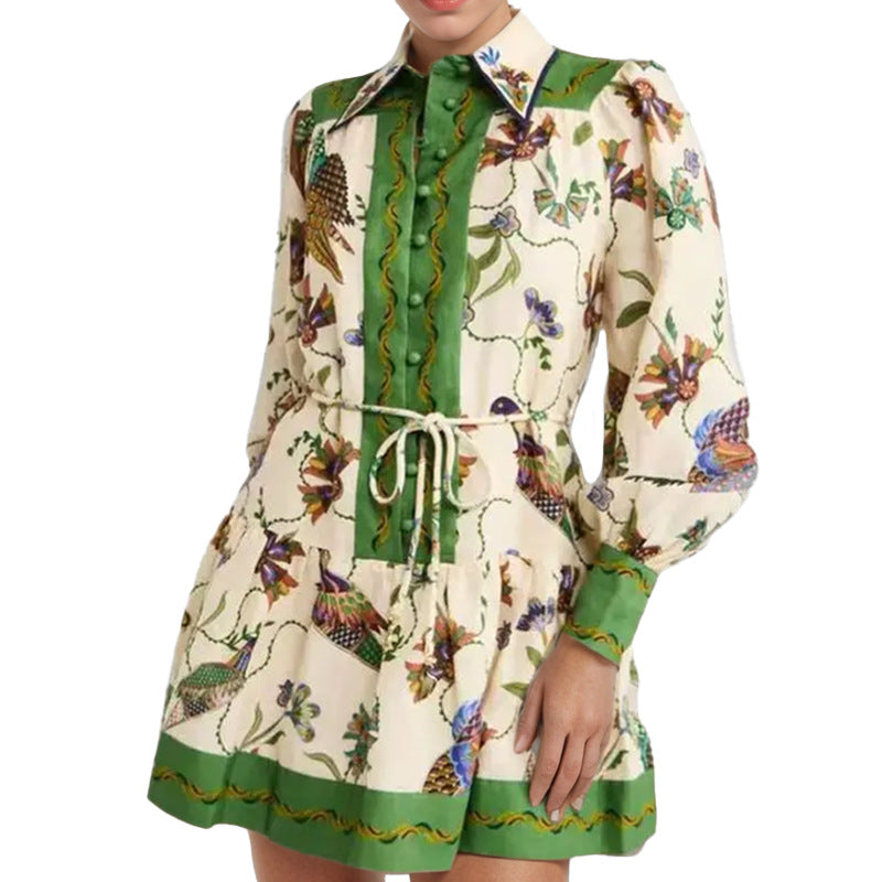 Women lace-up print Turndown Collar long sleeve pleated dress 6