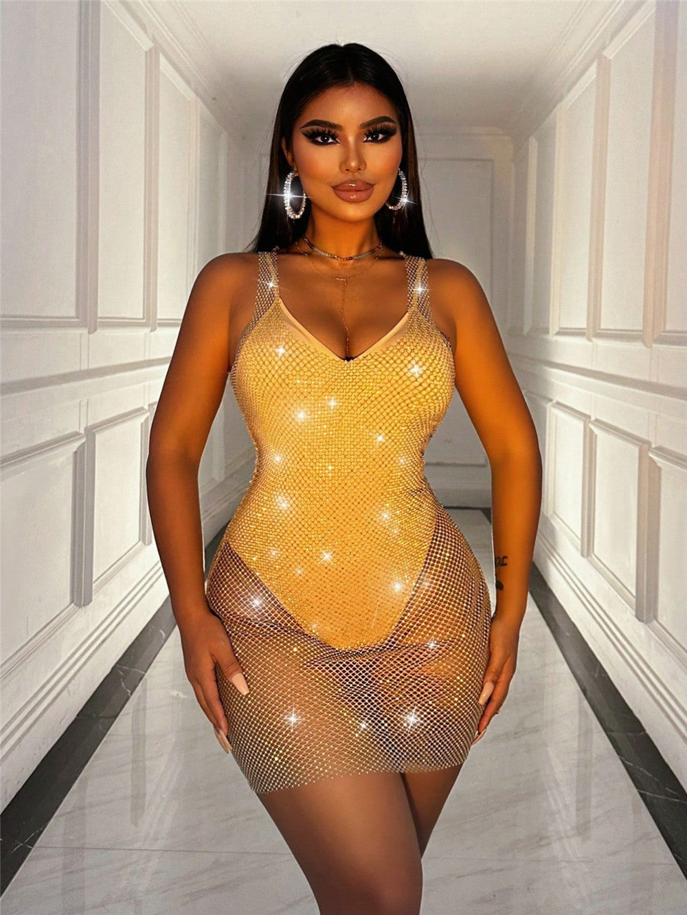 Women Beaded Stretchy Net Sexy Mesh Suspender V-Neck Dress 5