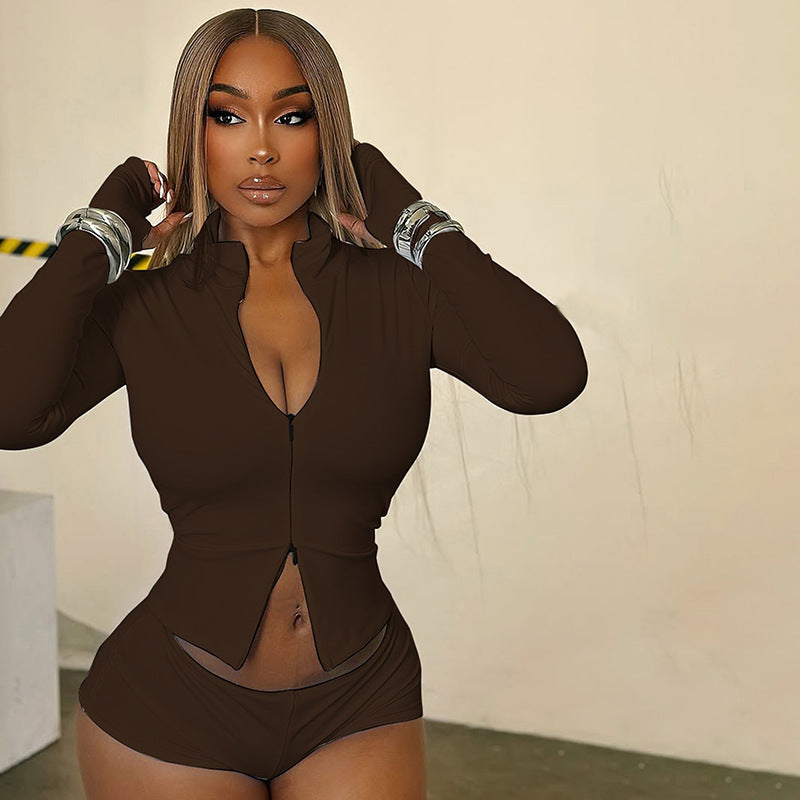 Women Autumn/Winter Stand Collar Zippered Top Shorts with Three-Piece Knee Pads 11