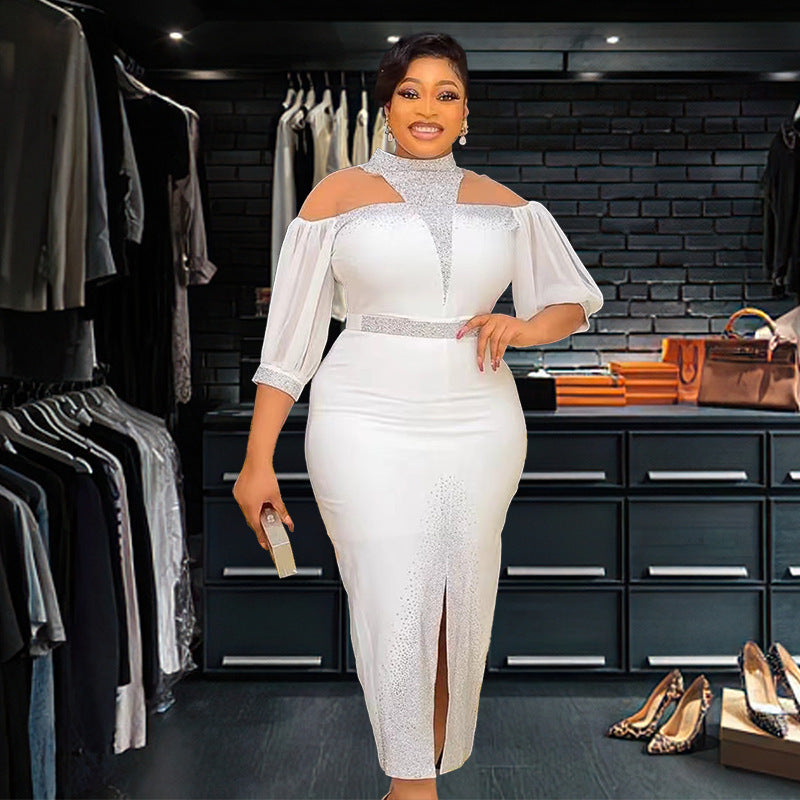 African Plus-Size Elegant Chic Beaded Patchwork Slit Bodycon Dress