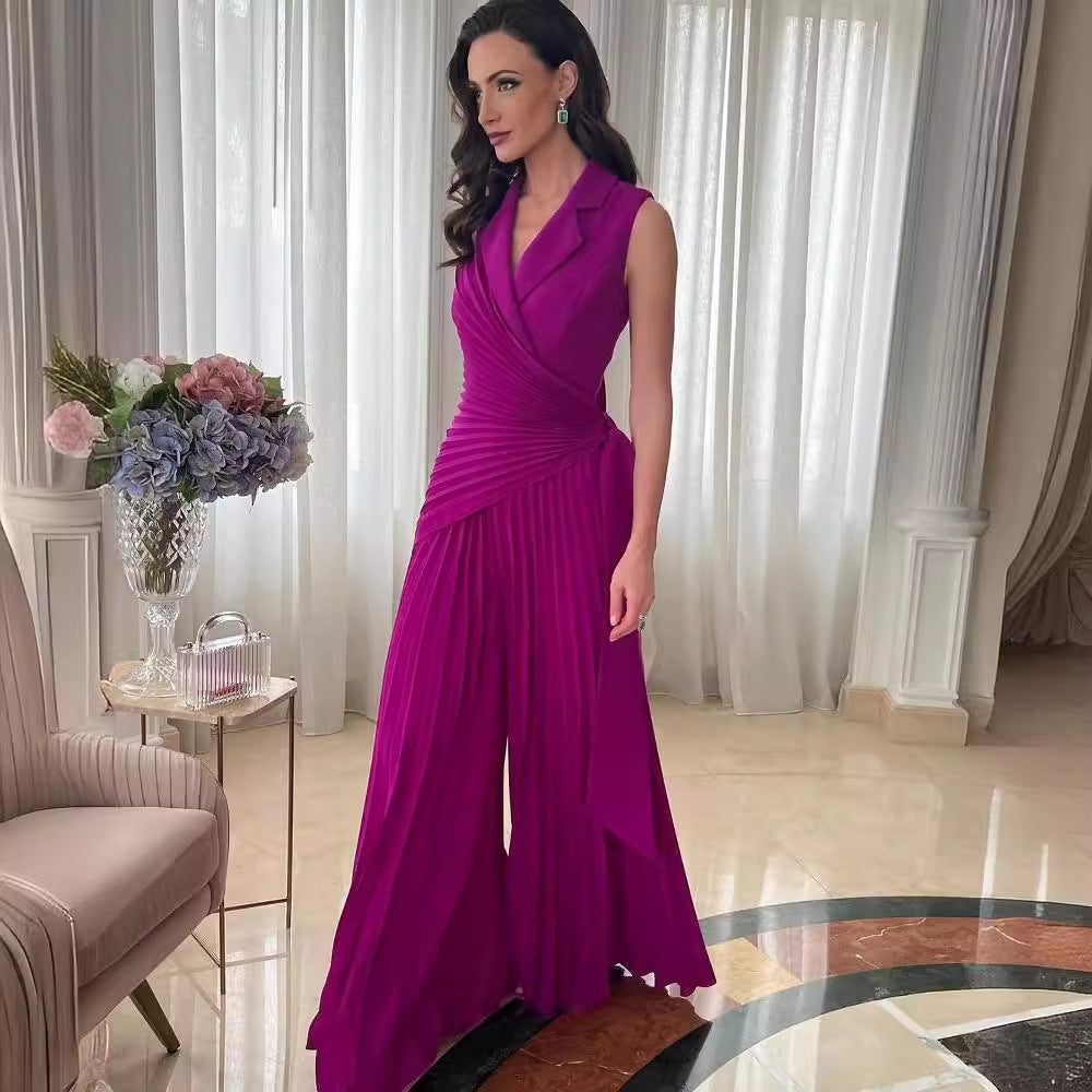 Women Summer Turndown Collar Solid Wide Leg Jumpsuit 4