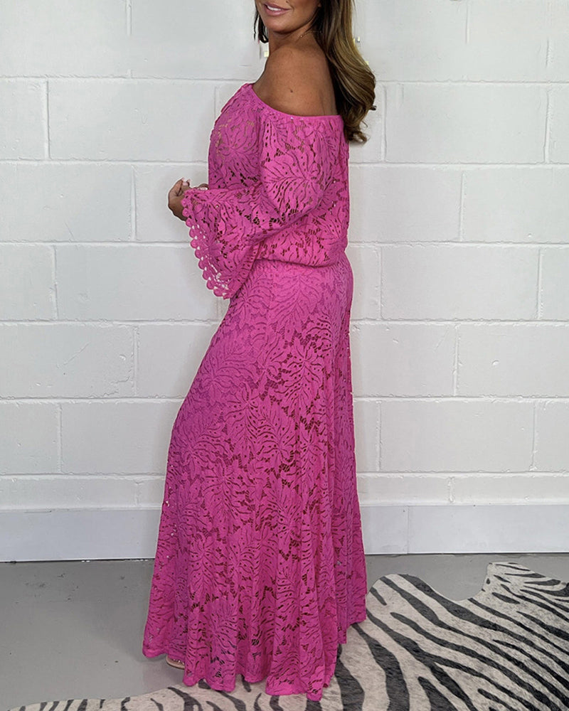 Rose Off-Shoulder Tie Loose Bell-Bottom Sleeve Top & Wide Leg Loose Pants Set