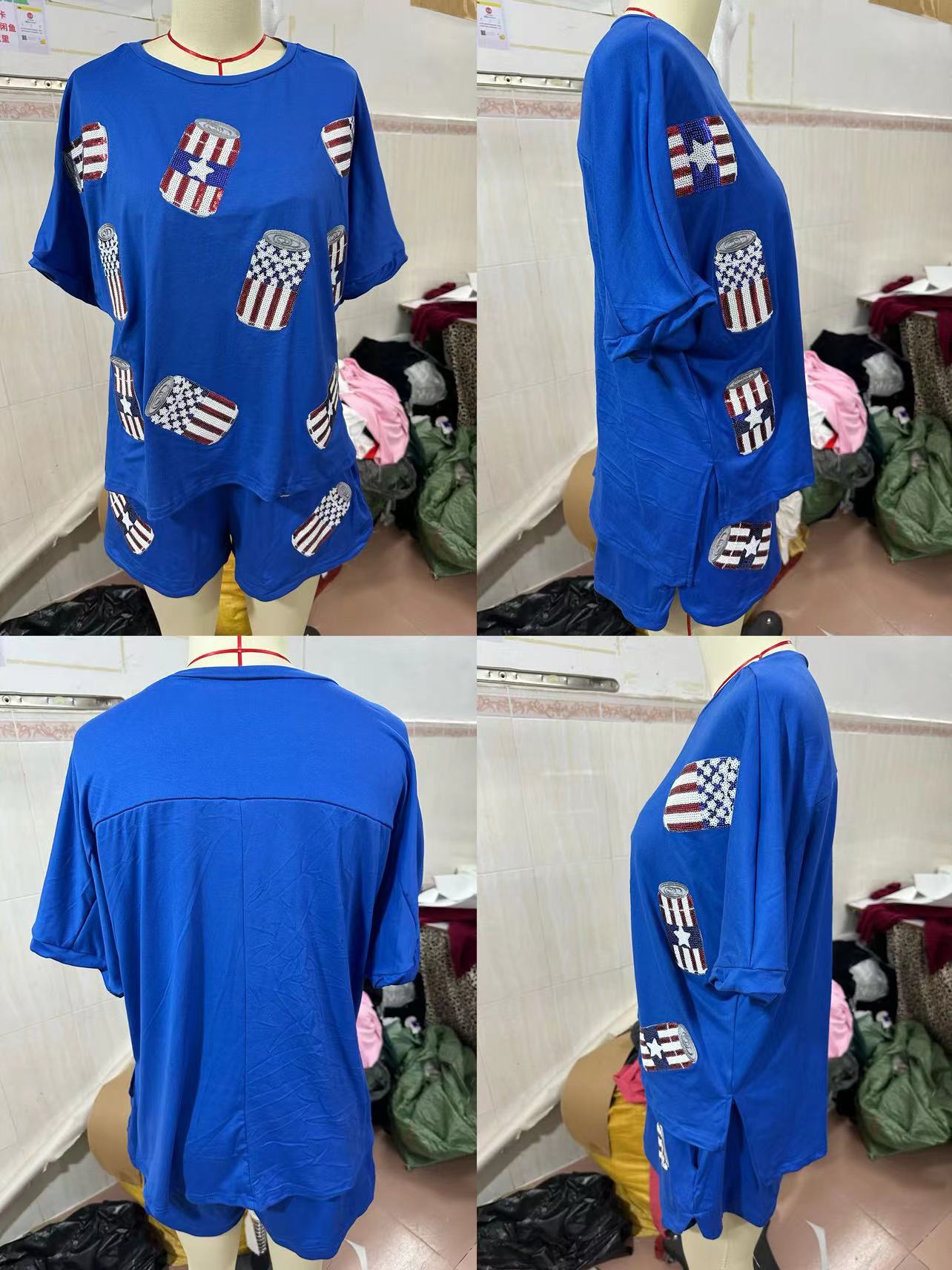 Summer Women's Sequined Short-Sleeved Tops Shorts Two-Piece Sets 20