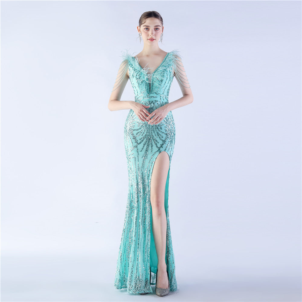 Elegant Feather And Beaded Long Sequined Evening Dress