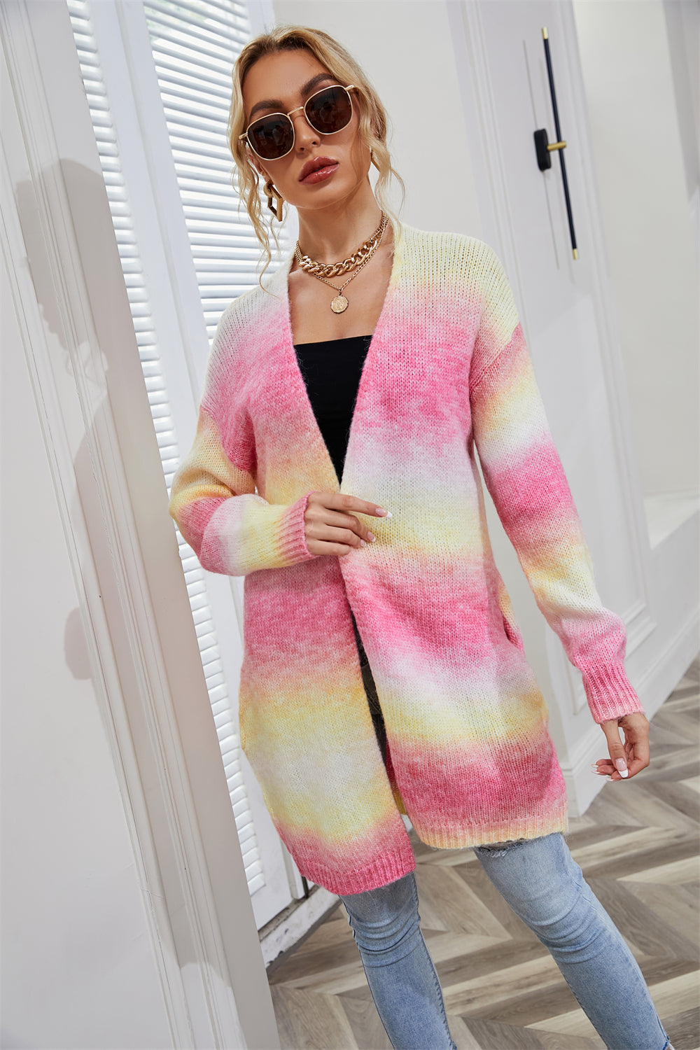 Winter Sweater Rainbow Tie Dye Plus Size Cardigan Women's Knitting Shirt Jacket 36
