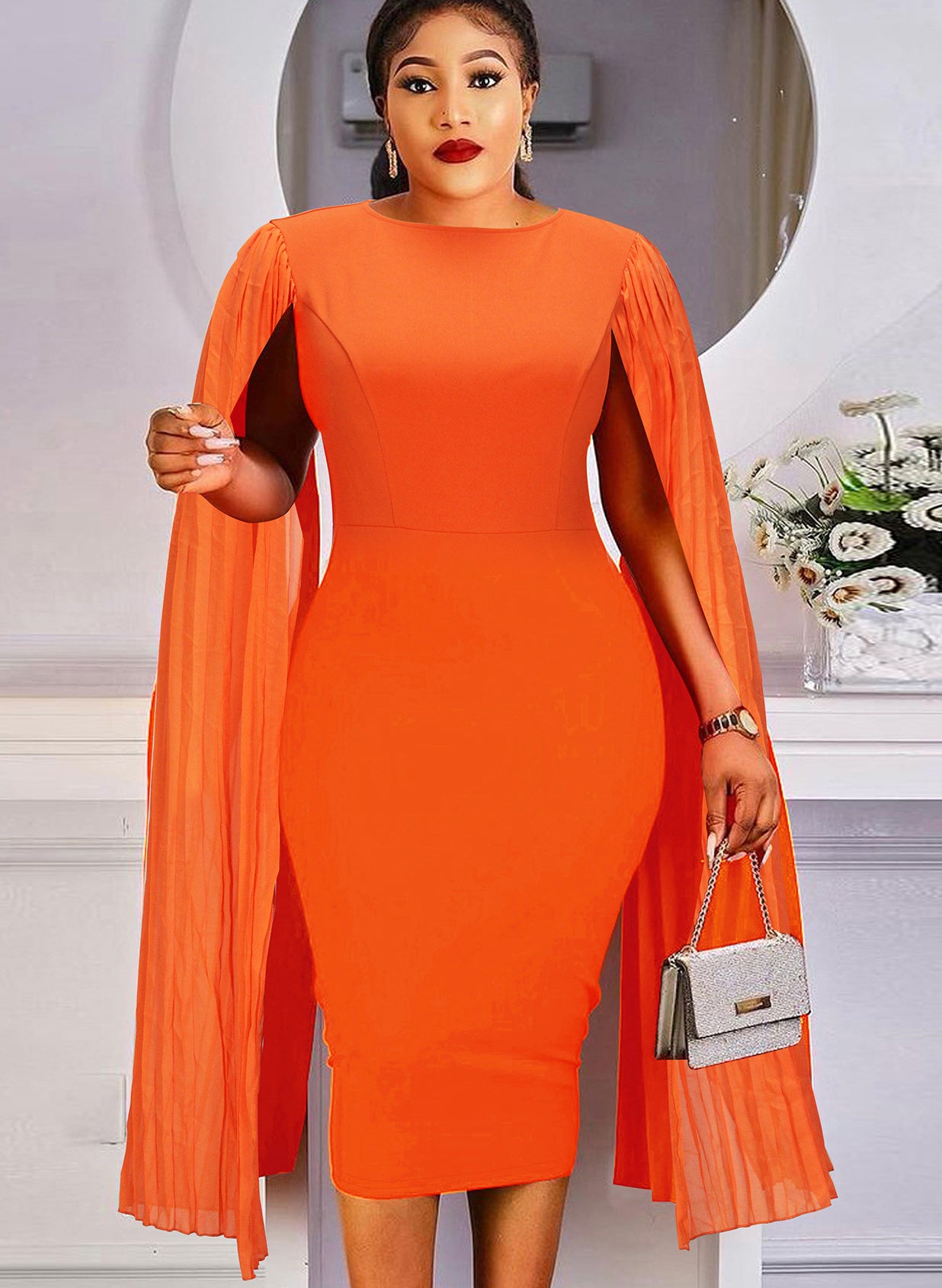 Spring Chic Round Neck Patchwork Pleated Sleeve Bodycon Pencil dress