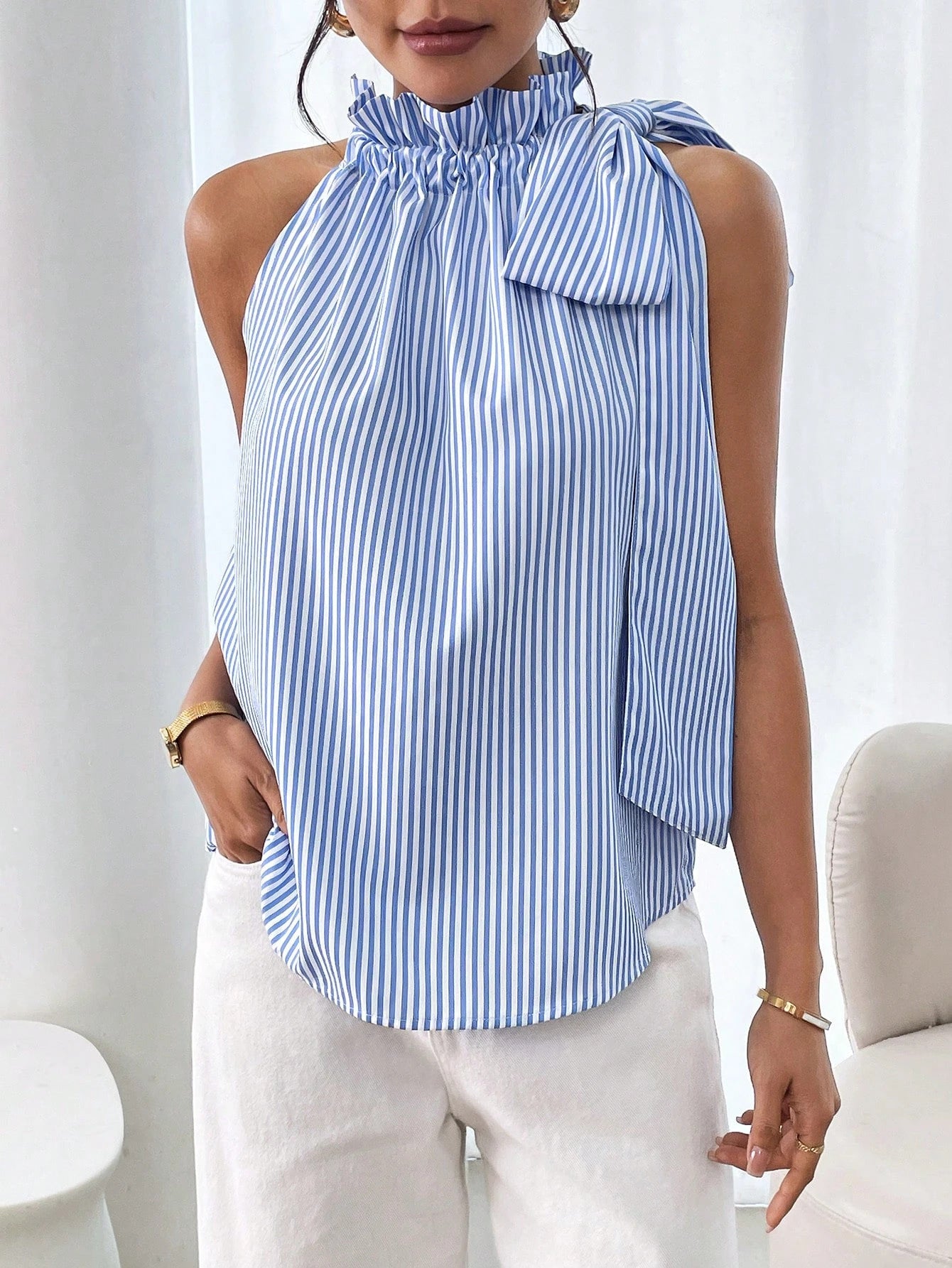 Fashion Sleeveless Striped Lace High Neck Tie Knot Women's T-shirt Top 24