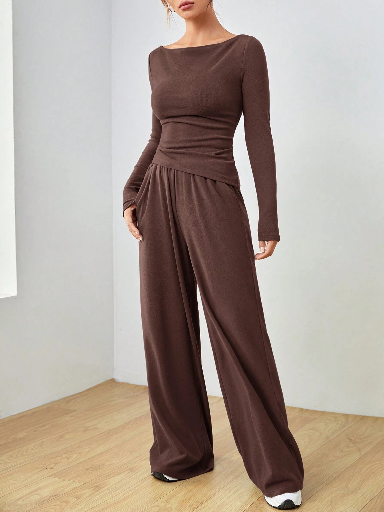 Women autumn and winter two-piece suit solid long sleeve casual wide-leg Pants two-piece suit 5