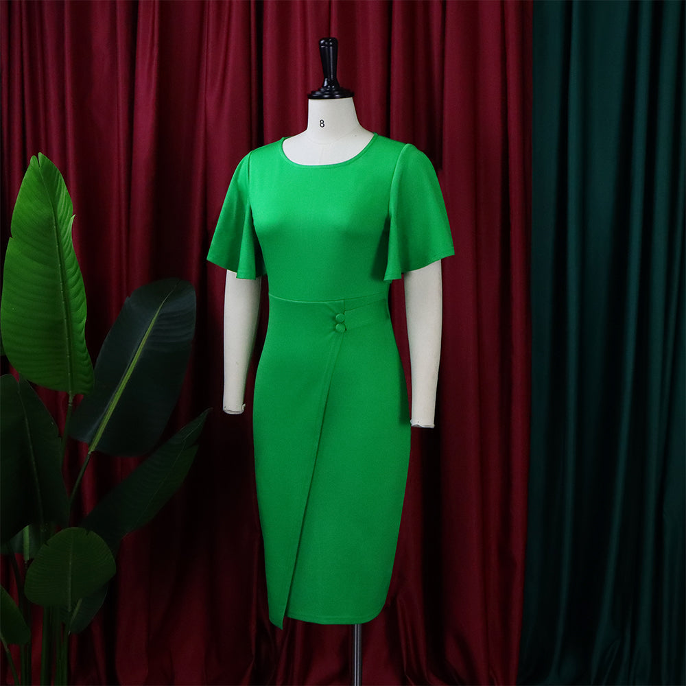 Autumn Professional Green Ruffle Sleeves Pencil Office Dress 7