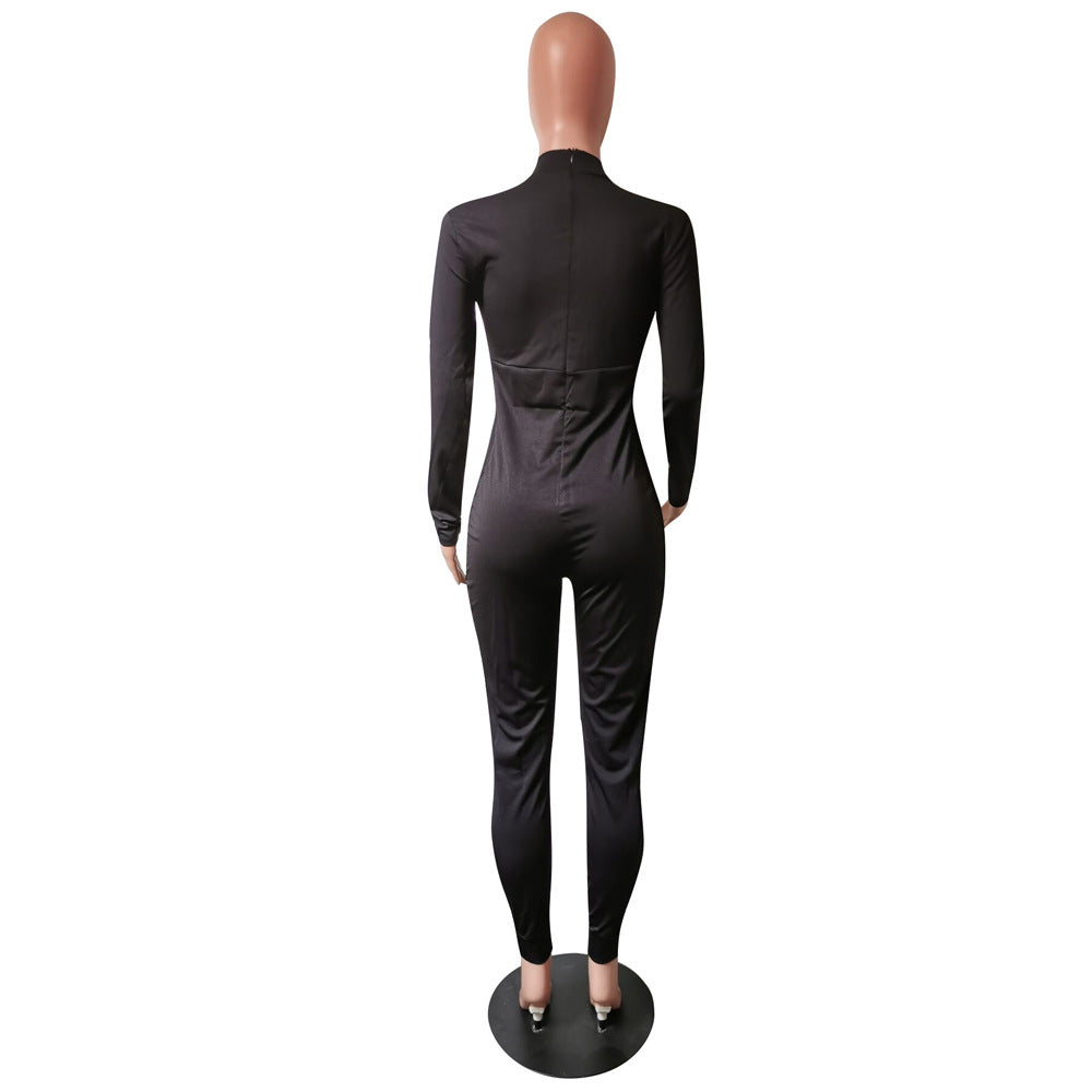 Women's Autumn Winter Sexy Tight Fitting Mesh Patchwork Long Sleeve Jumpsuit 6