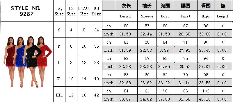 Fall/Winter Slash Shoulder Long Sleeve Sequin Feather Bodycon Party Dress 15