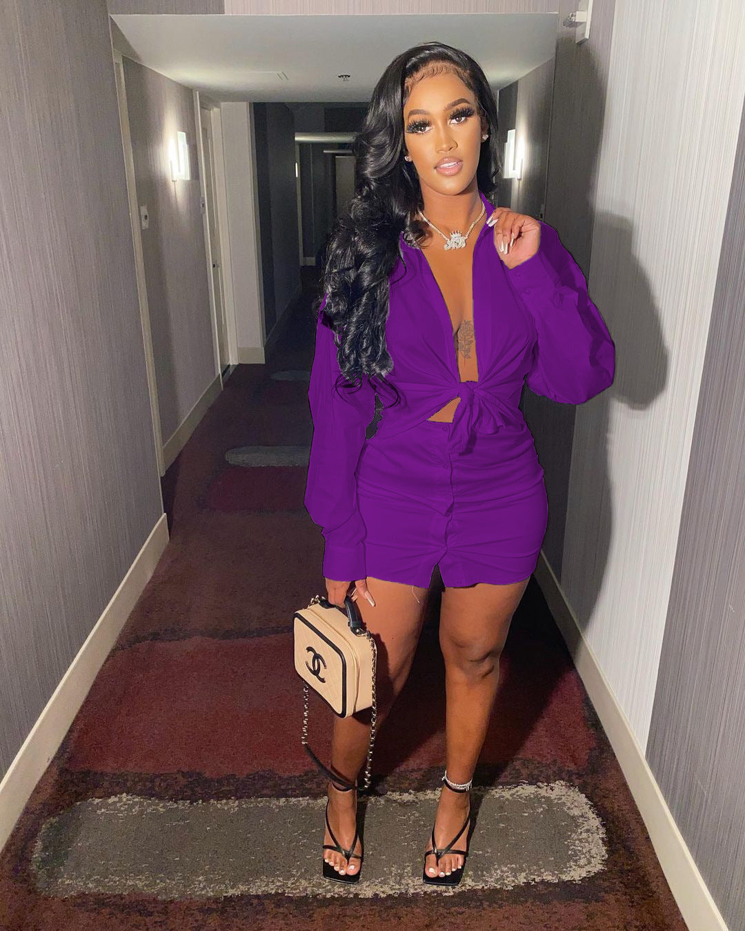 Women Casual Solid Shirt and Skirt Two-Piece Set 5