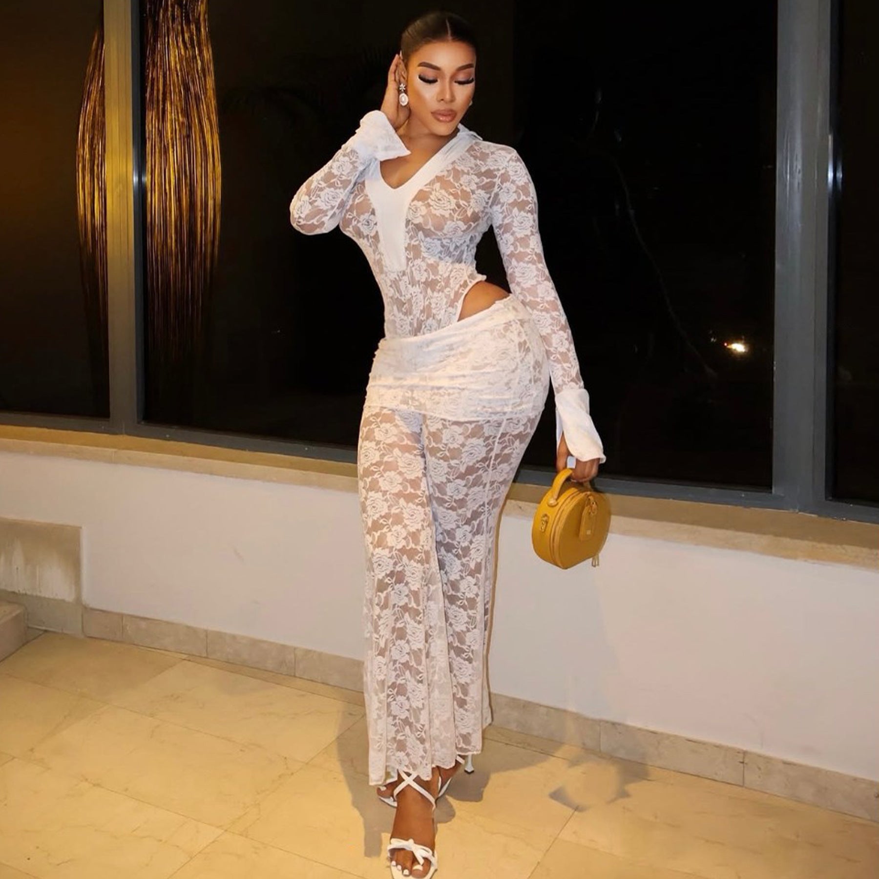 Women's sexy See-Through lace bodysuit pants two-piece set 5