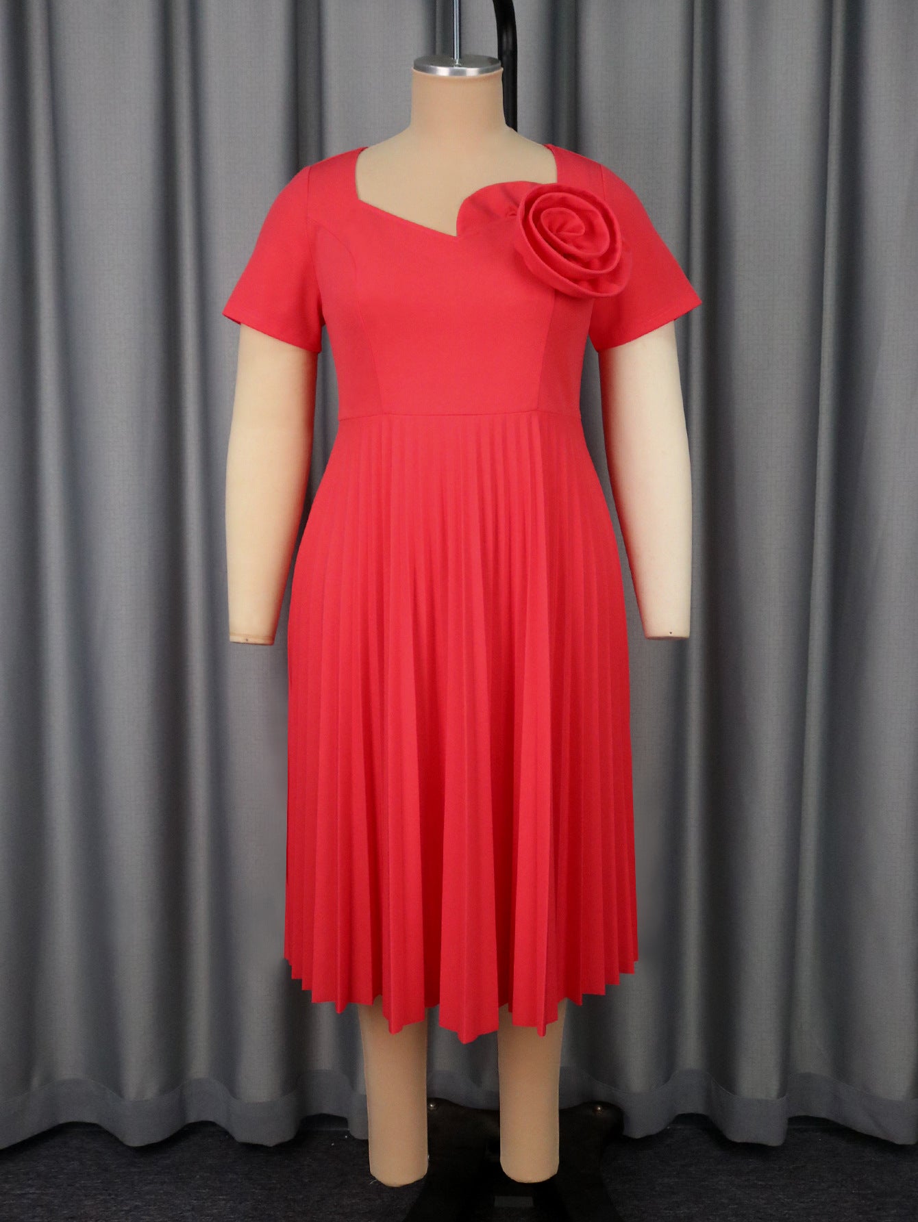 Plus Size Women Watermelon Red Short Sleeve Lace Elegant Maxi Summer Pleated Dress 4