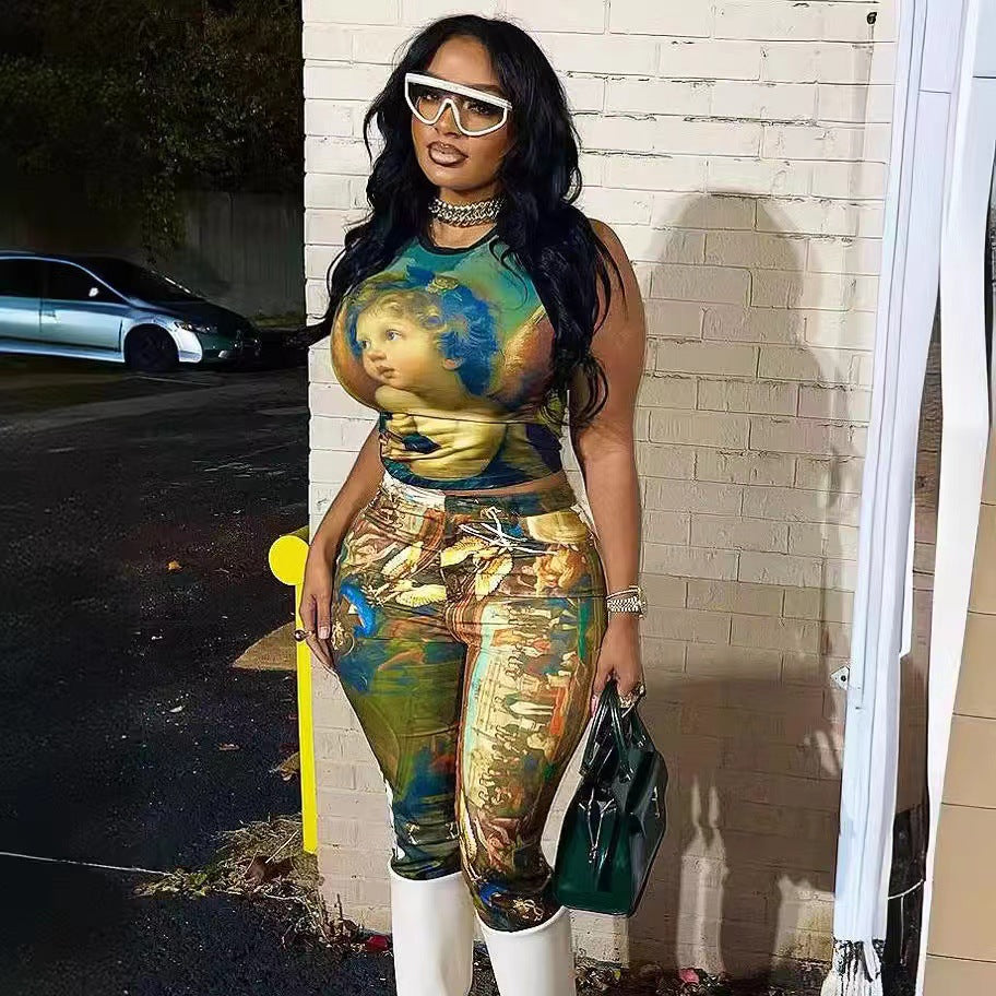 Fashion Print Sleeveless Slim Two Piece Set 4