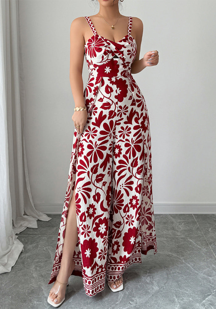 Women Spring and Summer Chic Elegant Knot Printed Small Suspender Wide Leg Jumpsuit