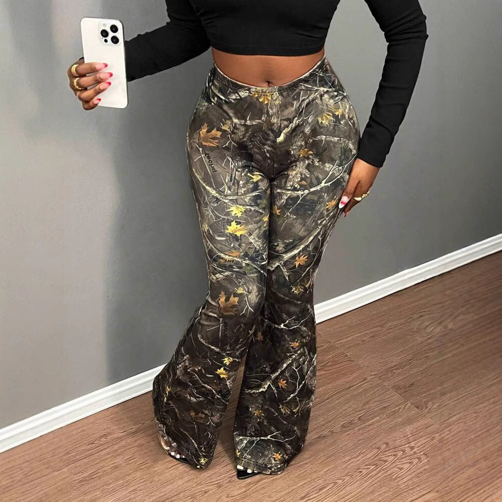 Women Elegant High Waist Plant Print Wide Leg Pants 5