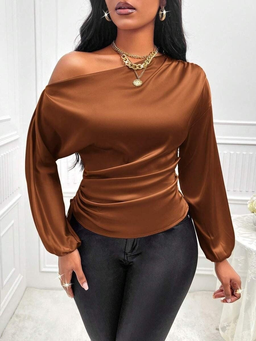 Women's Satin Shirt Asymmetric Slash Shoulder Long-Sleeve Blouse 18