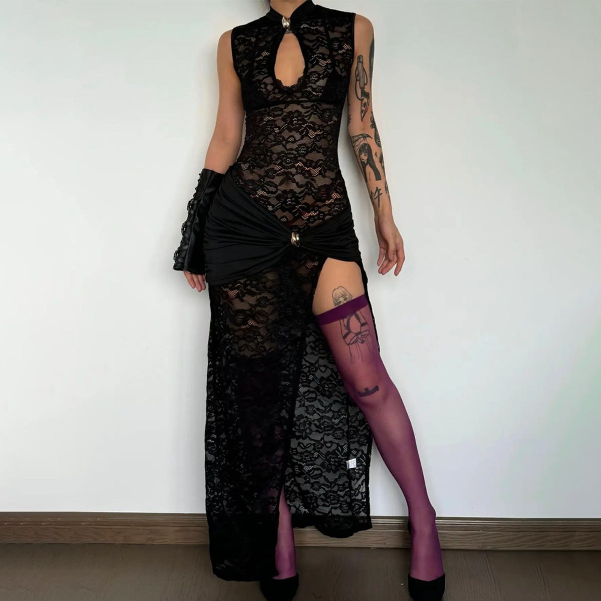 Sexy Fashion Lace Hollow High-Slit Slim Sleeveless Long Dress 7