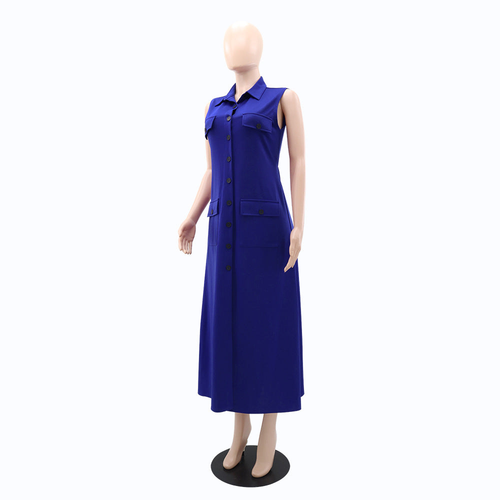 Women Turndown Collar Sleeveless Pocket Maxi Dress 6