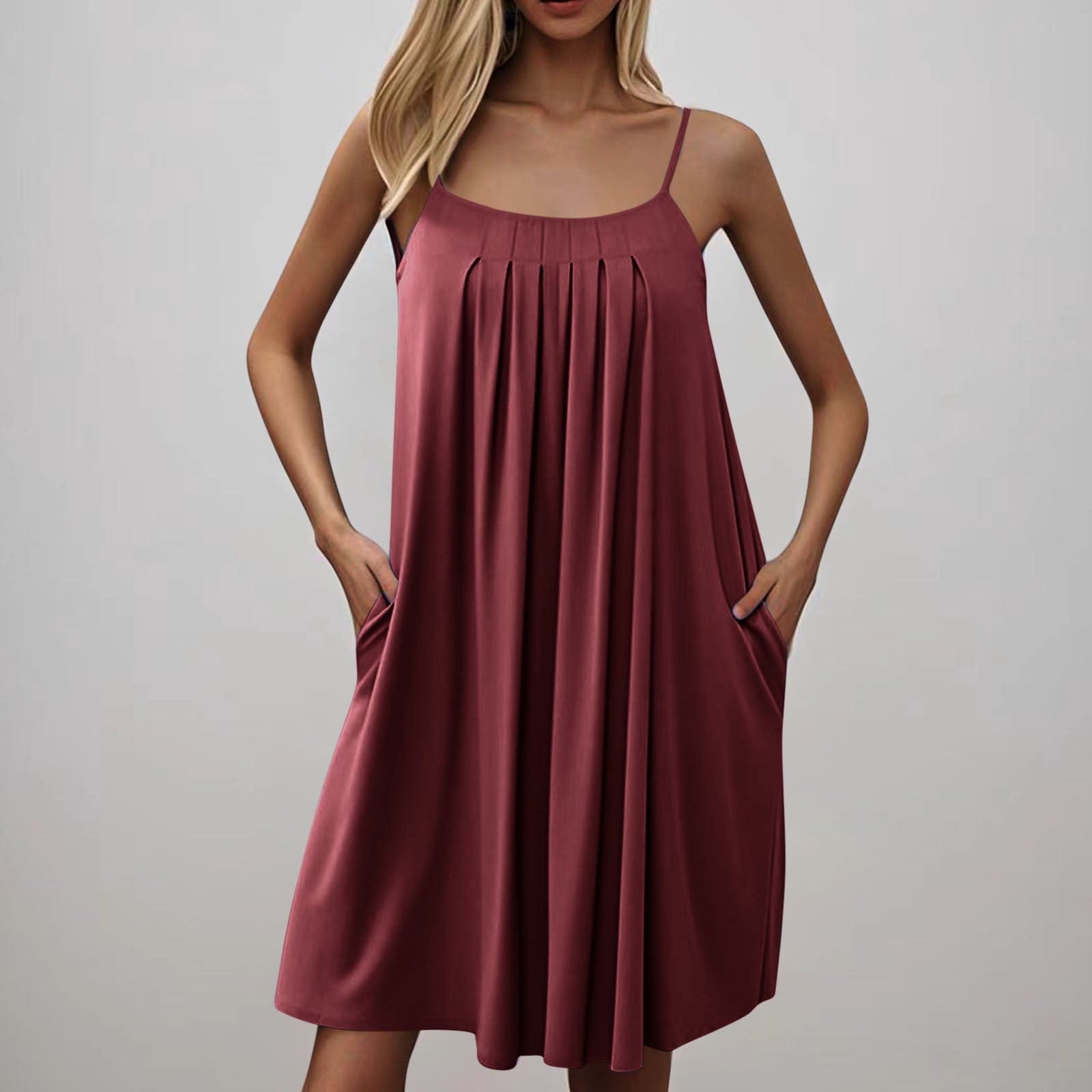 Women's Spring & Summer U-Neck Solid Color Pocket Strap Casual Dress 9