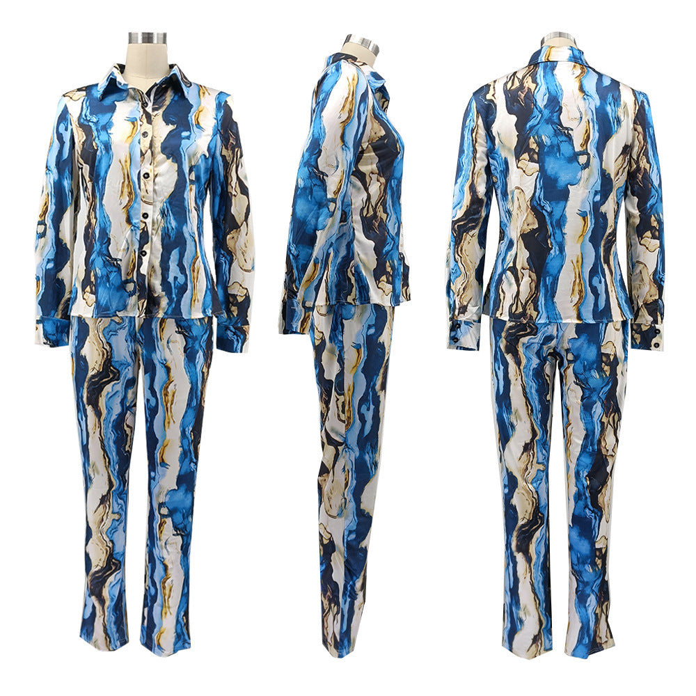 Glossy Irregular Printed Women's Shirt Pencil Pants Two Piece Set 9