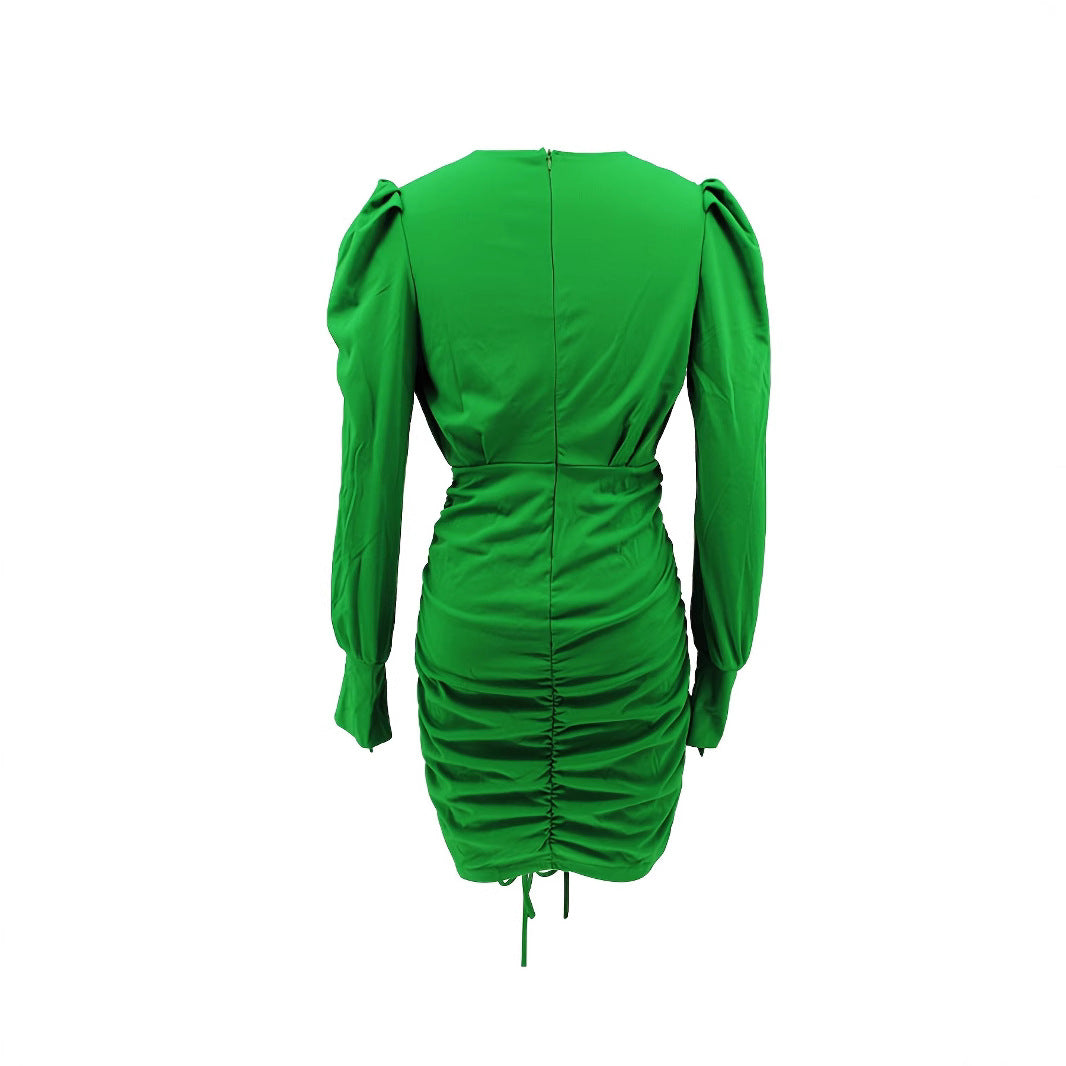 Women Sexy V Neck Pleated Slit Bodycon Dress 5