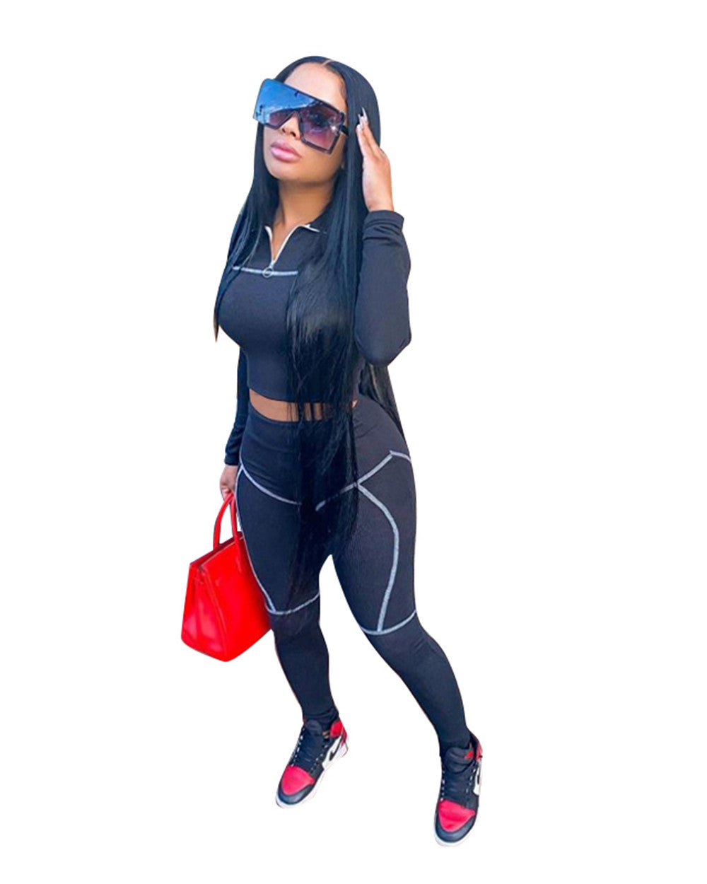 Women Casual Line Sport Long Sleeve Top and Pant Two-Piece Set 5