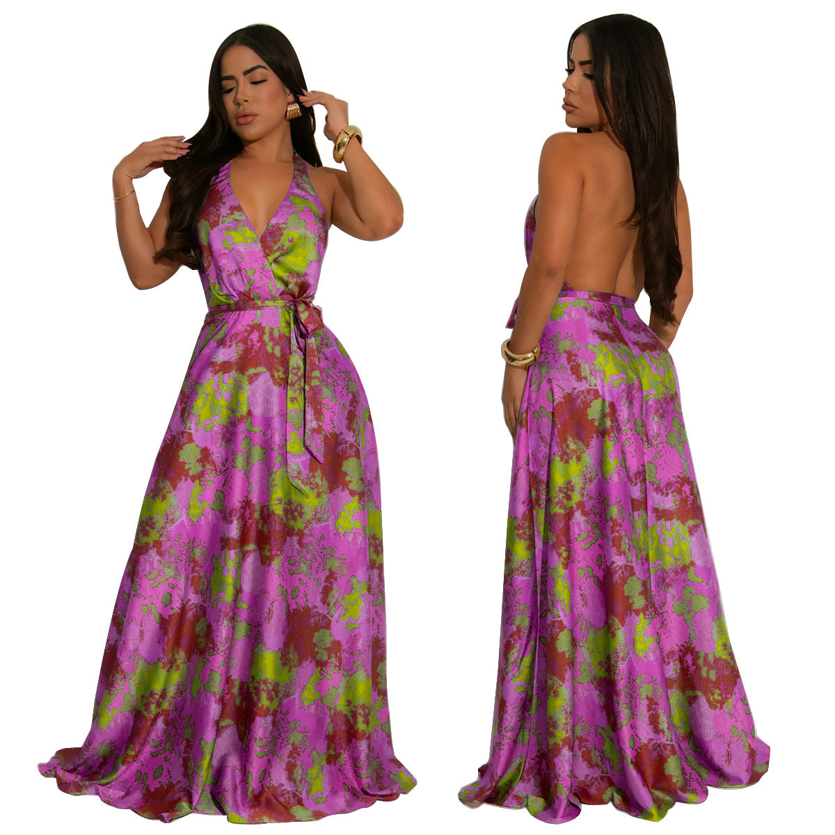 Women's V-Neck Halter Neck Sexy Low-Back Print Maxi Dress 4