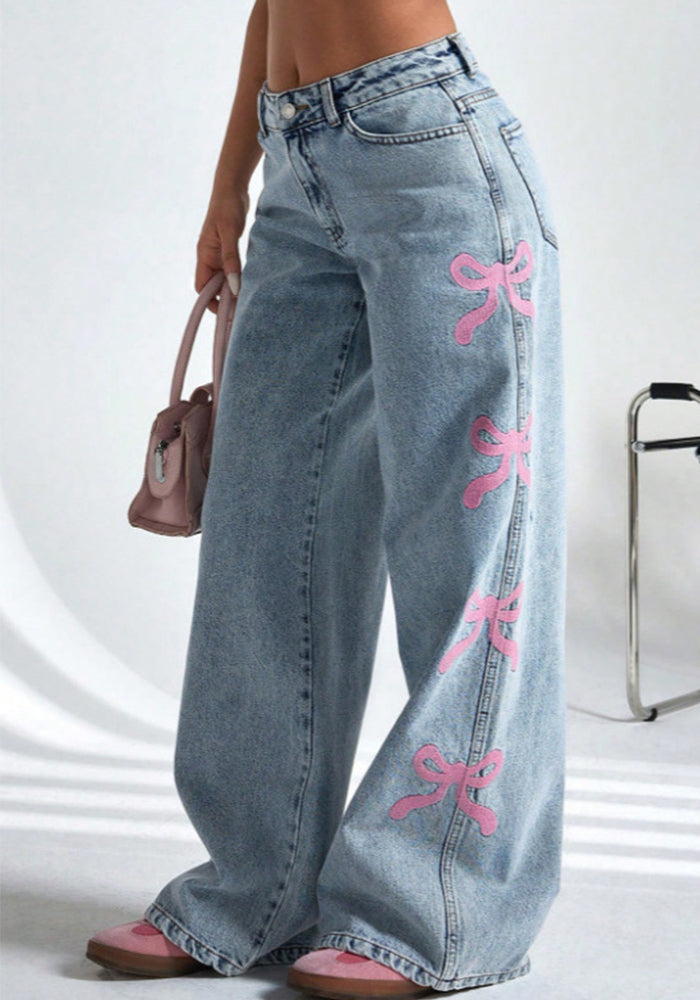 Women casual printed washed butterfly denim pants