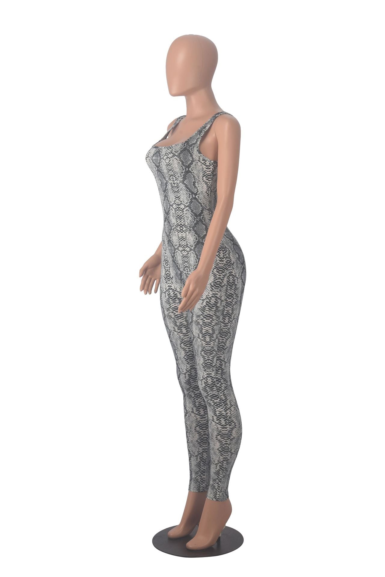 Women's Printed Sleeveless Ribbed Square Neck Low Back Slim Fit Jumpsuit 30