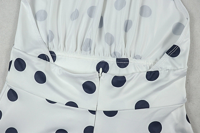 Women Pleated Waist Polka Dot Print Halter Neck Dress 14
