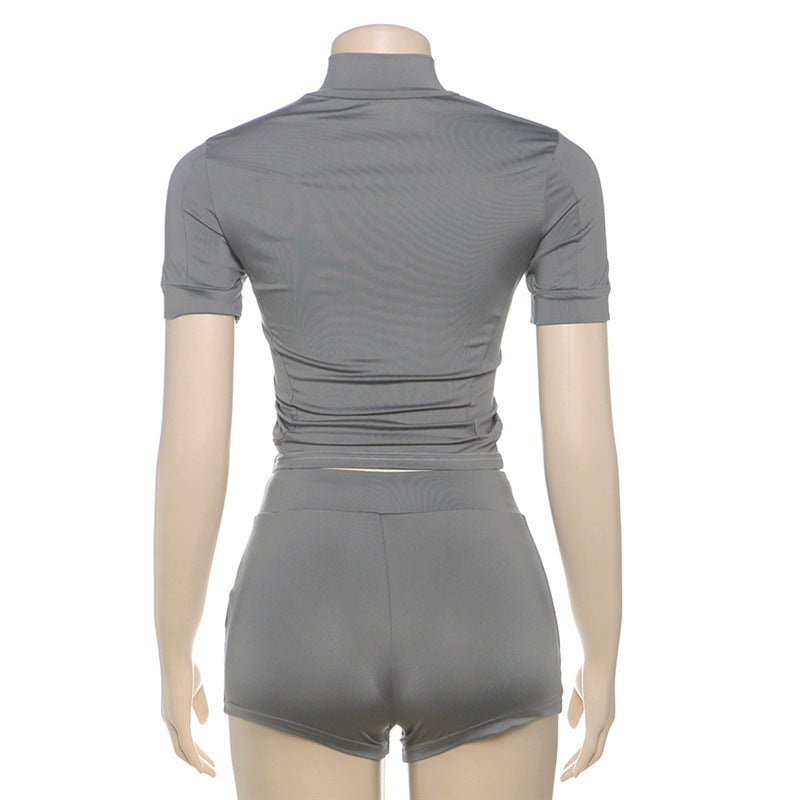 Fashionable Stand Collar Slim Fit Fitness Top & Shorts for Casual Sports Set 23