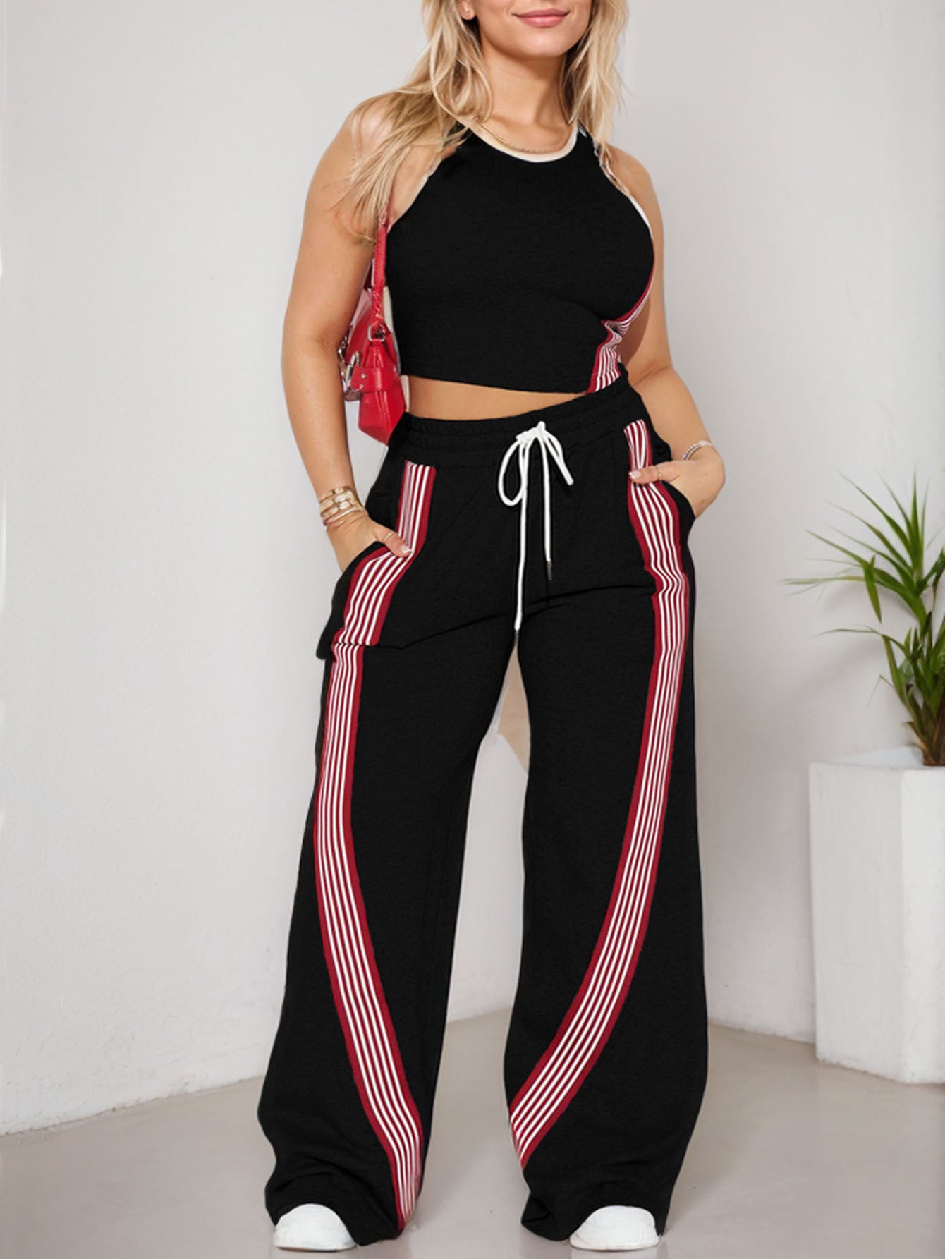 Women's Fashion Casual Slim Ribbon Patchwork Vest Casual Wide Leg Pants Two Piece Set Sports Women's Wear