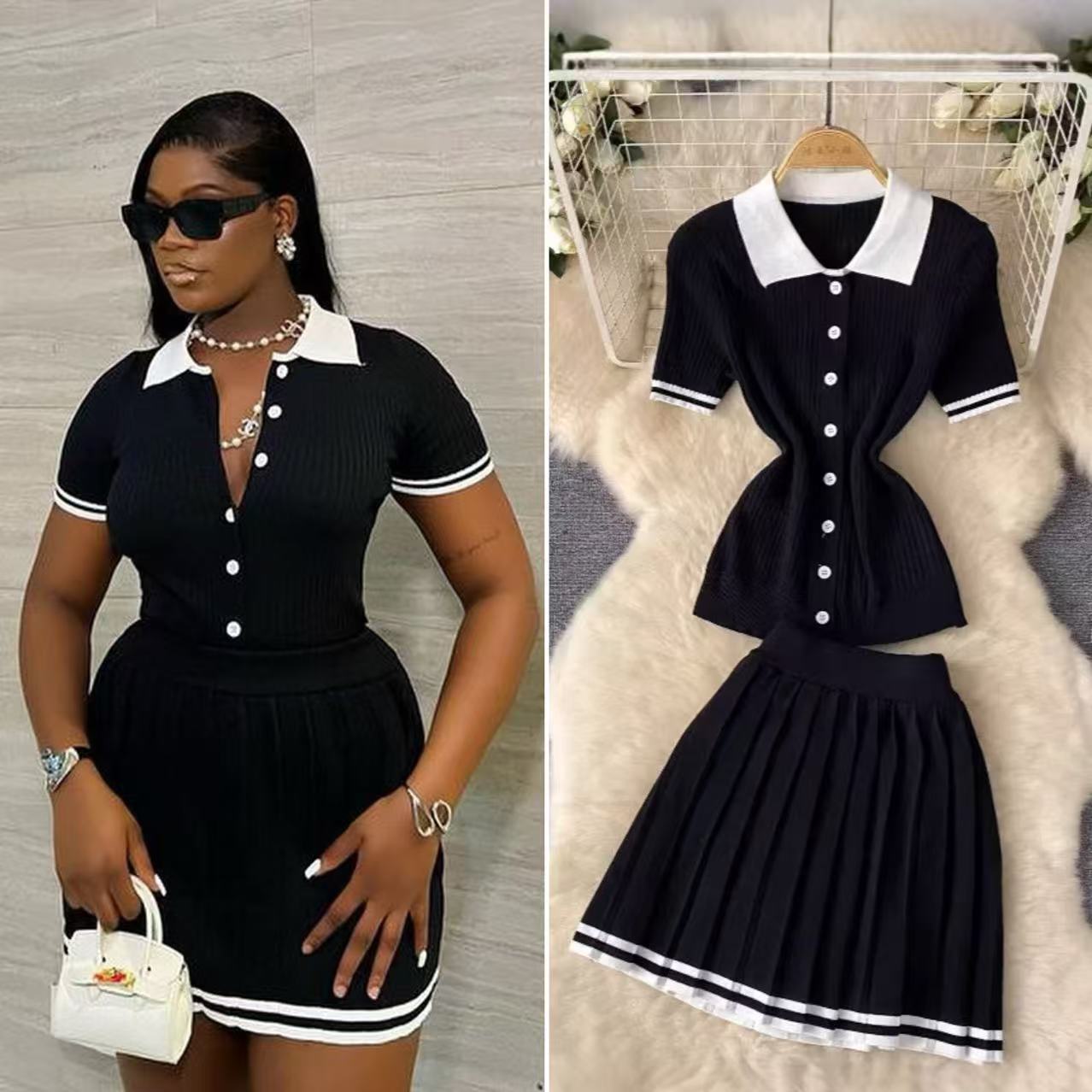 Women Contrast Color Polo Neck Short-Sleeved Top and Pleated Skirt Two-Piece Set 8