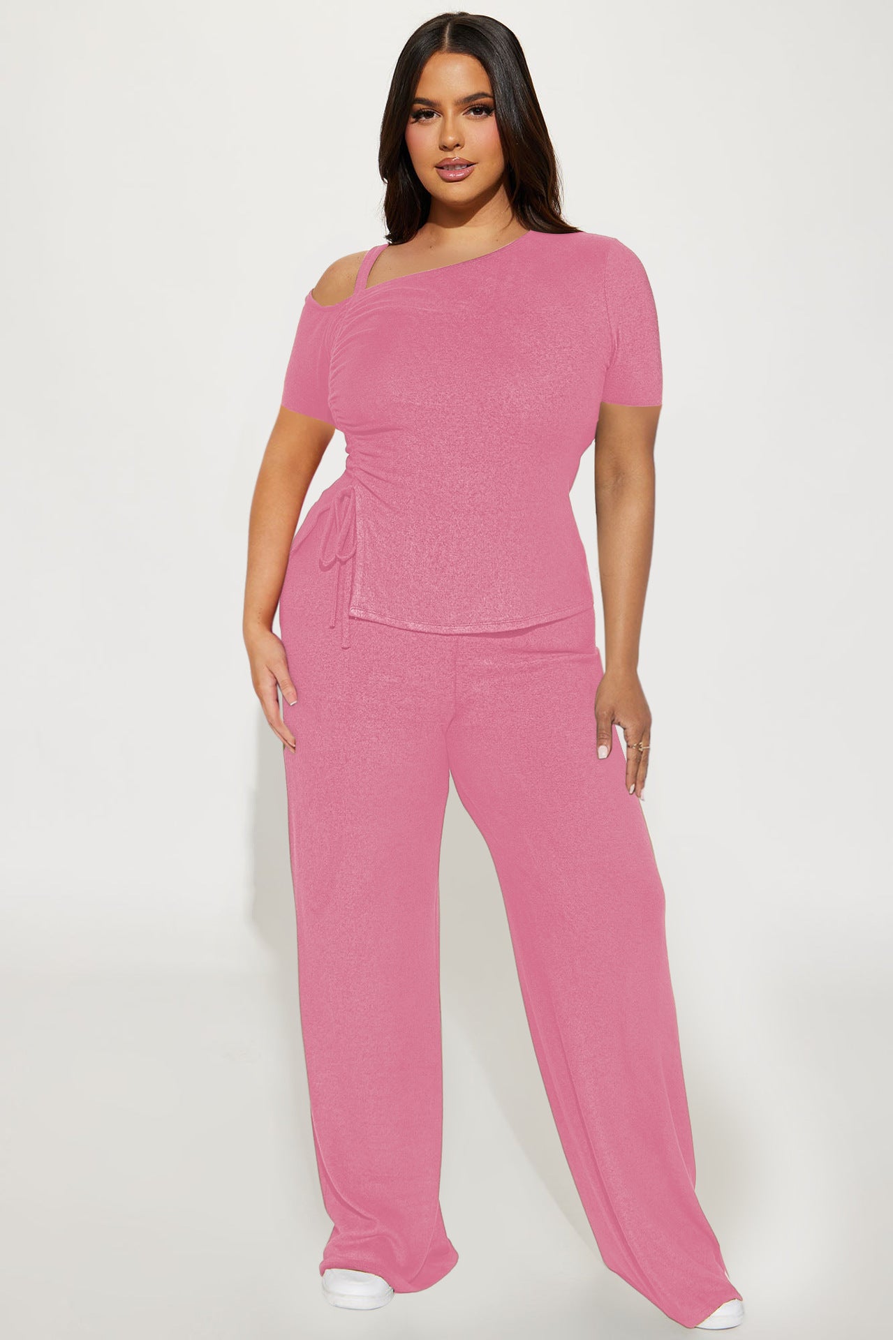 Women's Spring  Slash Shoulder Short Sleeve Pleated Slim Sexy Two-Piece Pants Set 5