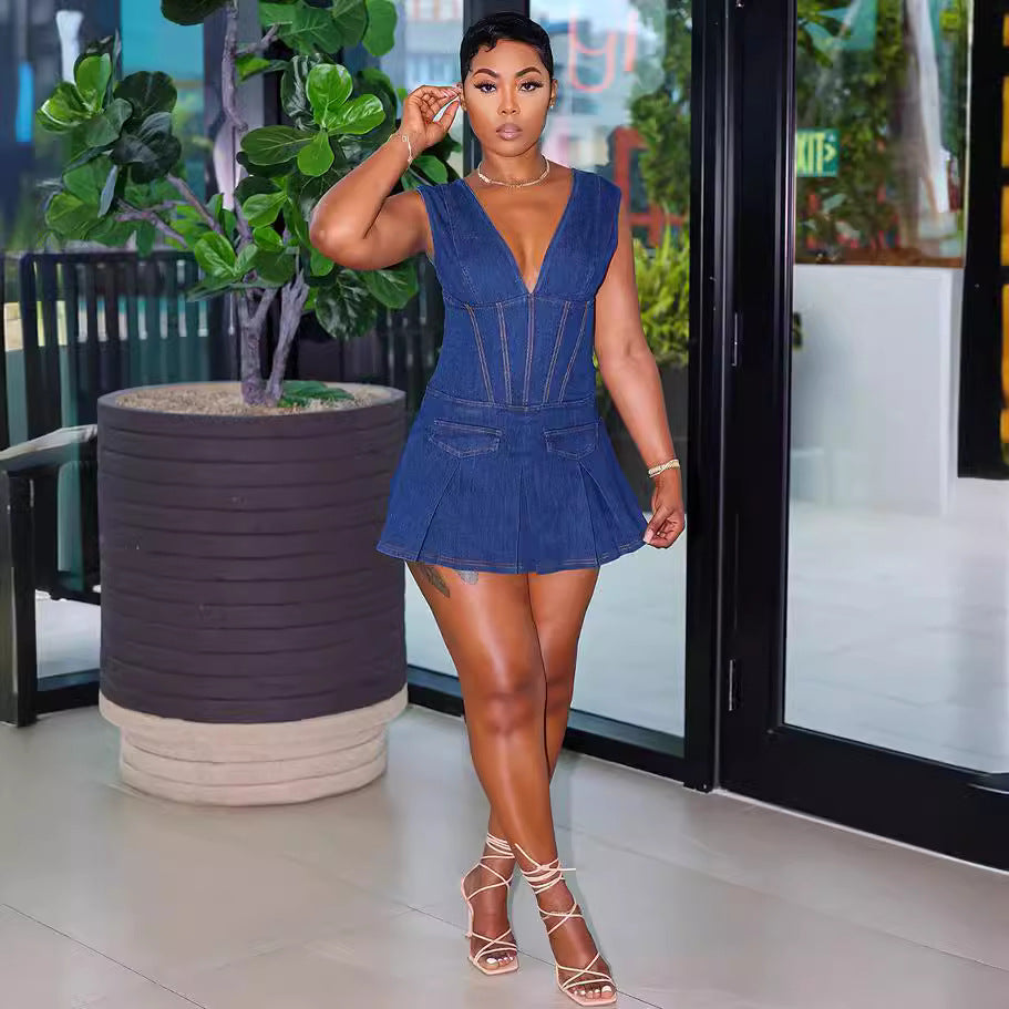 Women's Clothing Summer Fashion Sexy V-Neck Pleated Denim Dress