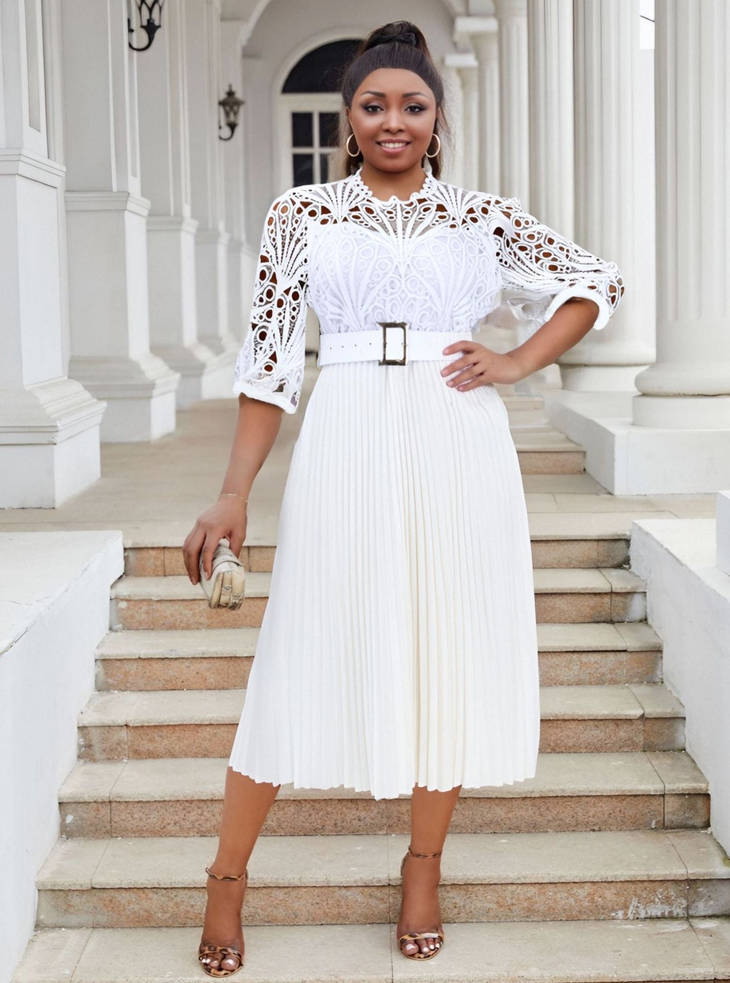 Plus Size Women lace hook flower sexy hollow pleated dress 10