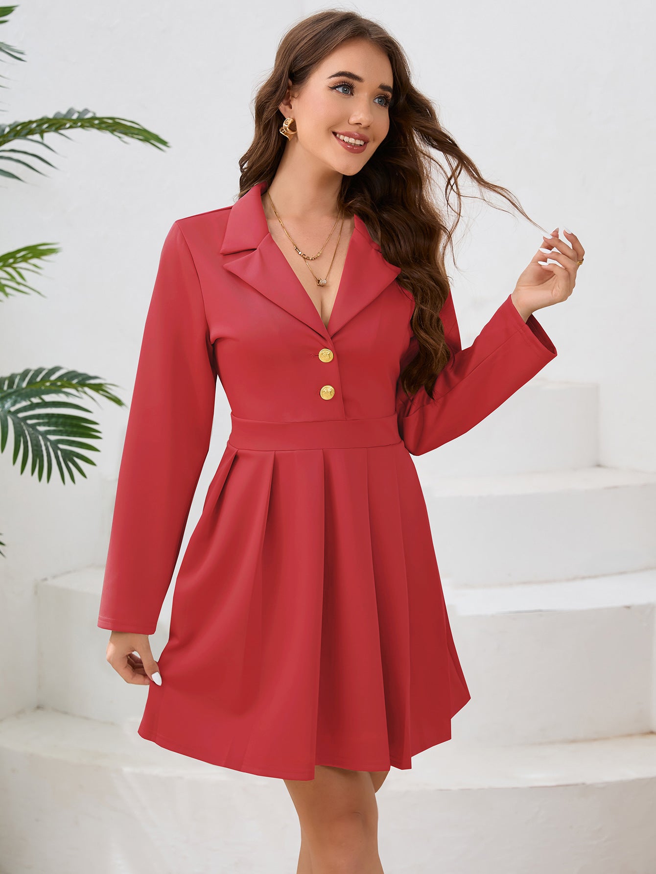 single-breasted Turndown Collar Professional women's pleated dress 8