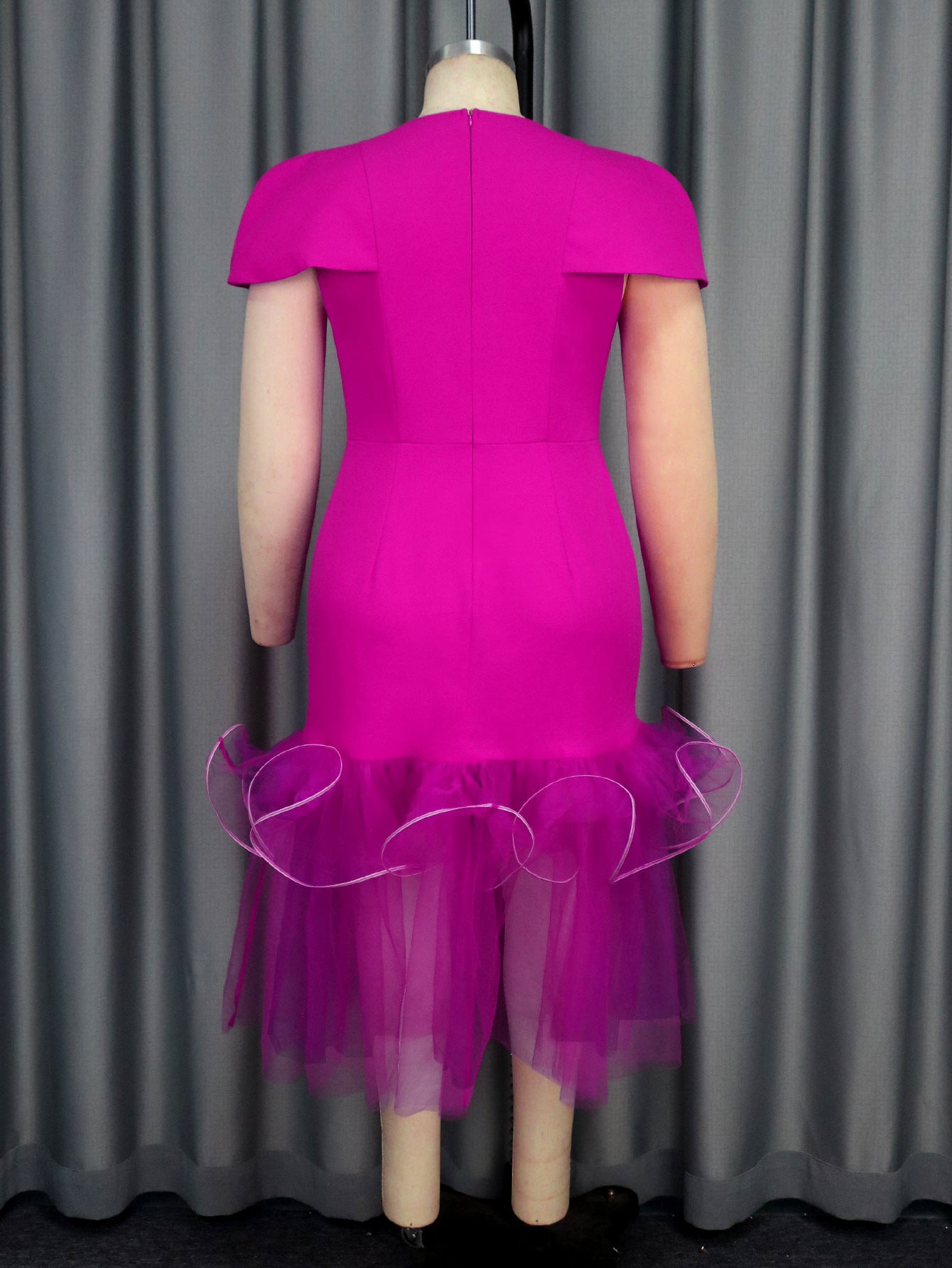 Fashion V-Neck Puff-Sleeve Mesh Patchwork Fashion Fishtail Party Dress 4