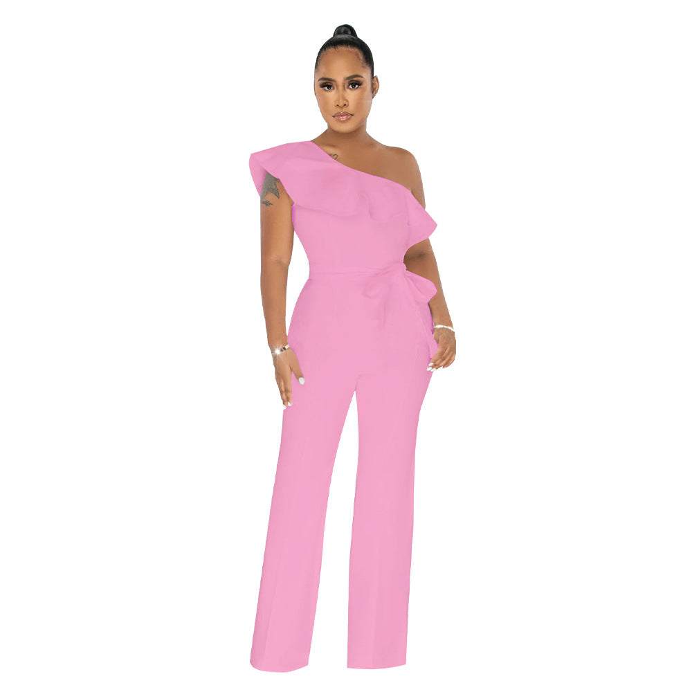 Women Solid Ruffle Jumpsuit with Belt 15